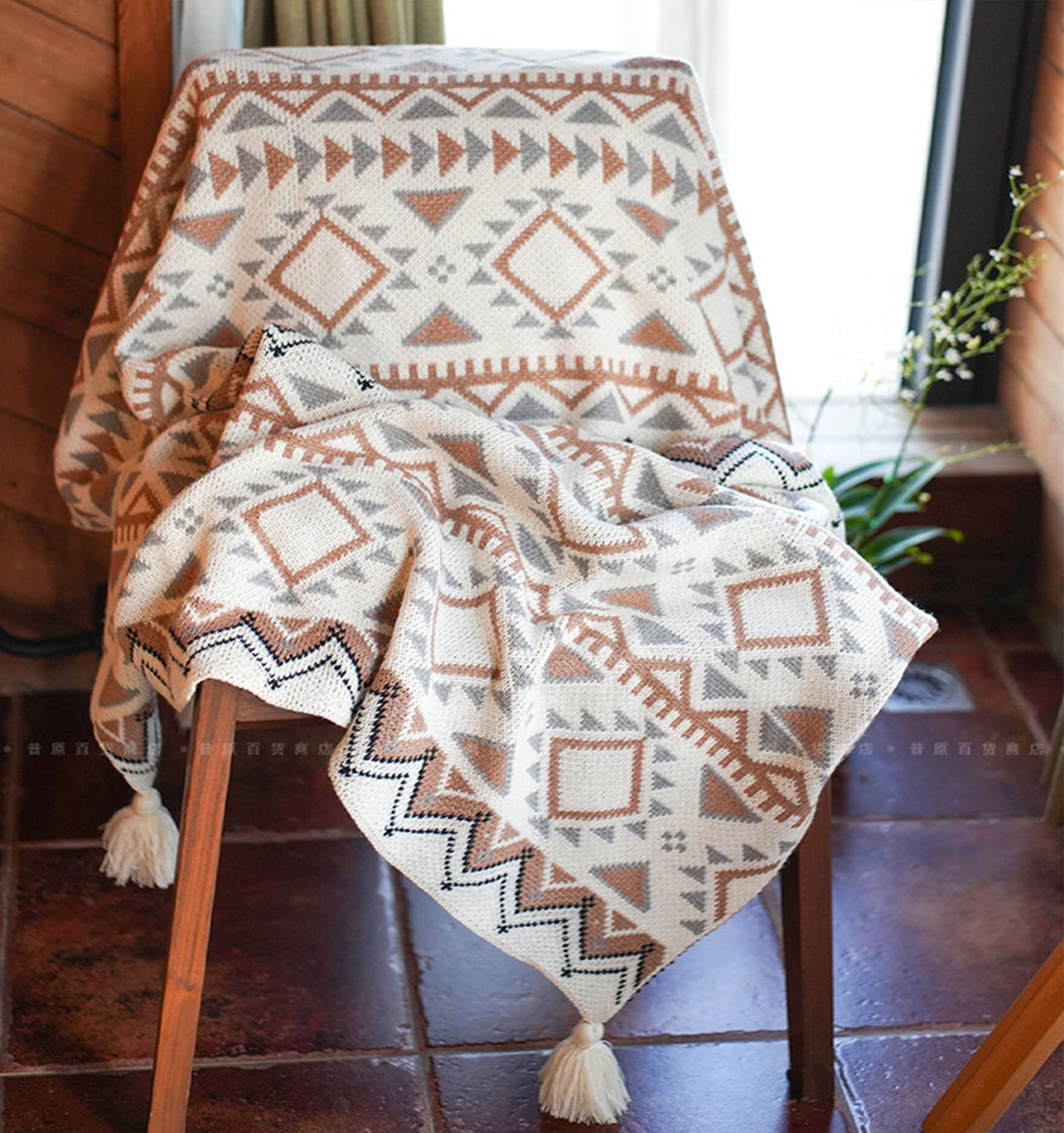 Coperta con frange a maglia, morbida e leggera, con nappe, decorativa, stile bohémien, calda coperta in acrilico per divano, divano, copriletto, divano, divano – (130 x 170 cm, stile 4)
