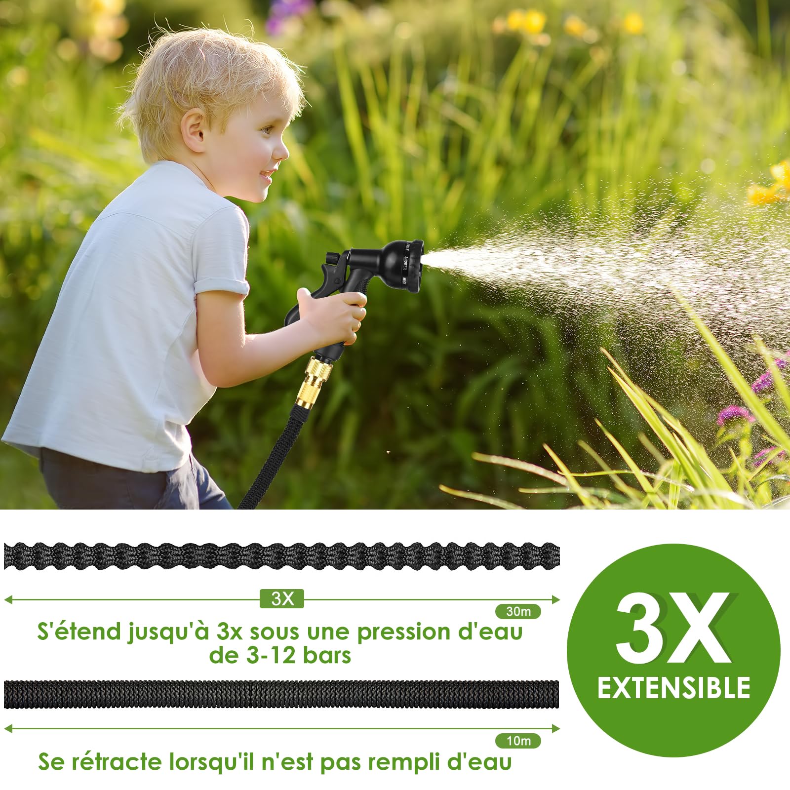 Tuyau D'arrosage Extensible 30m Gaethra - Flexible Jusqu'à 100FT Avec Pistolet 8 Fonctions - Idéal Pour Jardin Et Lavage Auto