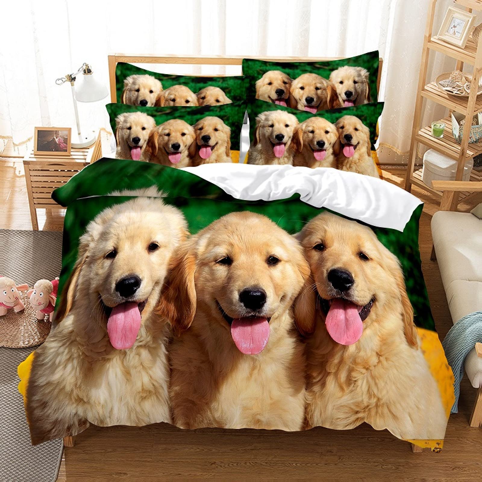 Housse de couette 140x200 microfibre douce vert 3 chiens parure de lit enfant ado