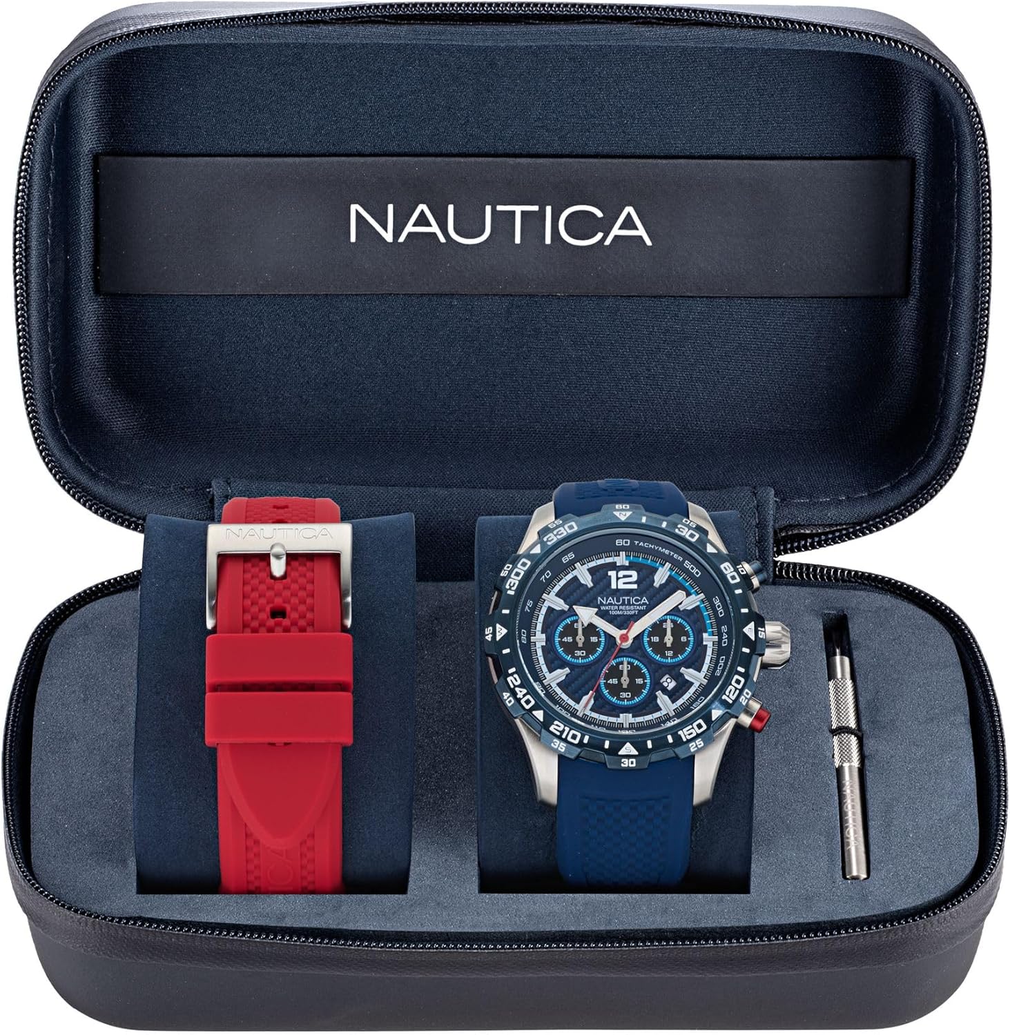 Nautica Men's NST Chronograph 46mm Watch with blue dial and blue silicone strap, shown next to an additional red silicone strap