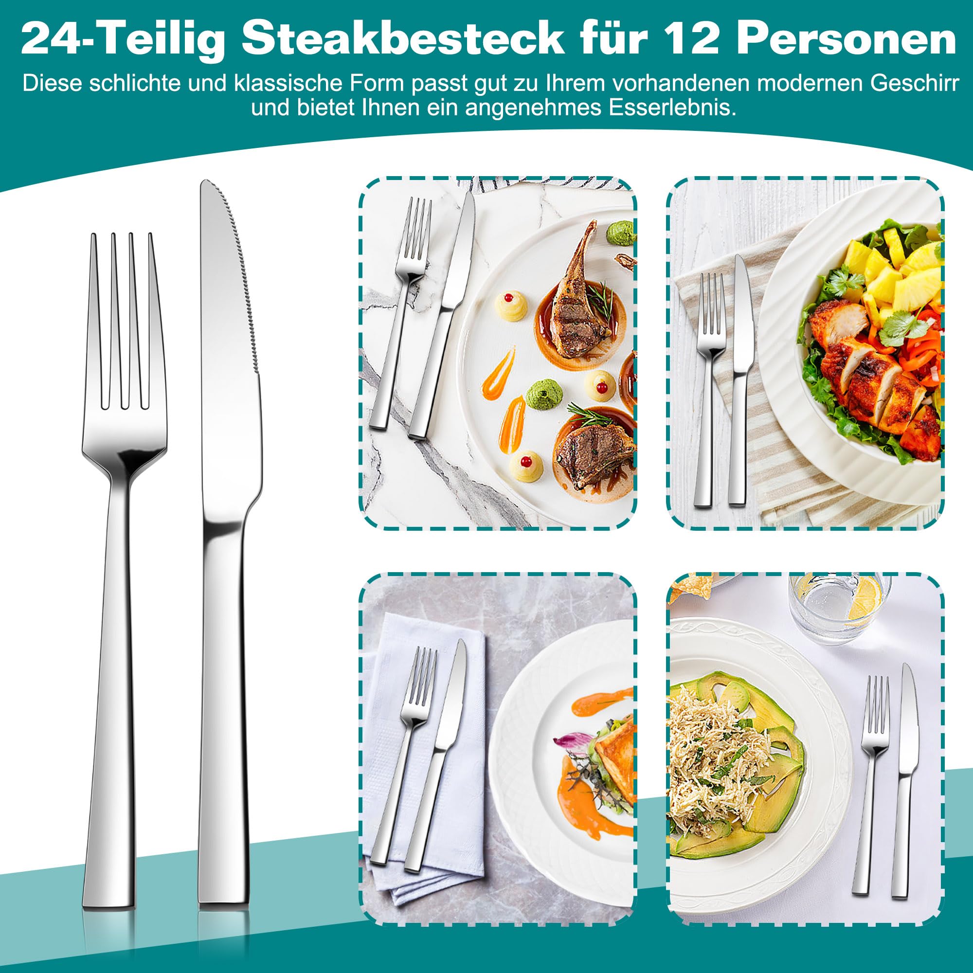 Homikit Steakbesteck Set, 24-teilig Edelstahl Steakmesser und Steakgabel, Steakbesteck Set für 12 Personen, Silber Besteckset mit Quadrat Griff für Haus Restaurant Hotel, Rostfreie & Spülmaschinenfest
