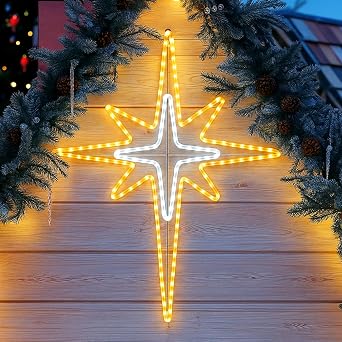 28" Christmas Star of Bethlehem LED Star Hanging Lights Nativity Holy Family Light for Door Window Porch Wall Decoration Plug Operated Lighted Hanging Tree TopperWhite, Warm Light