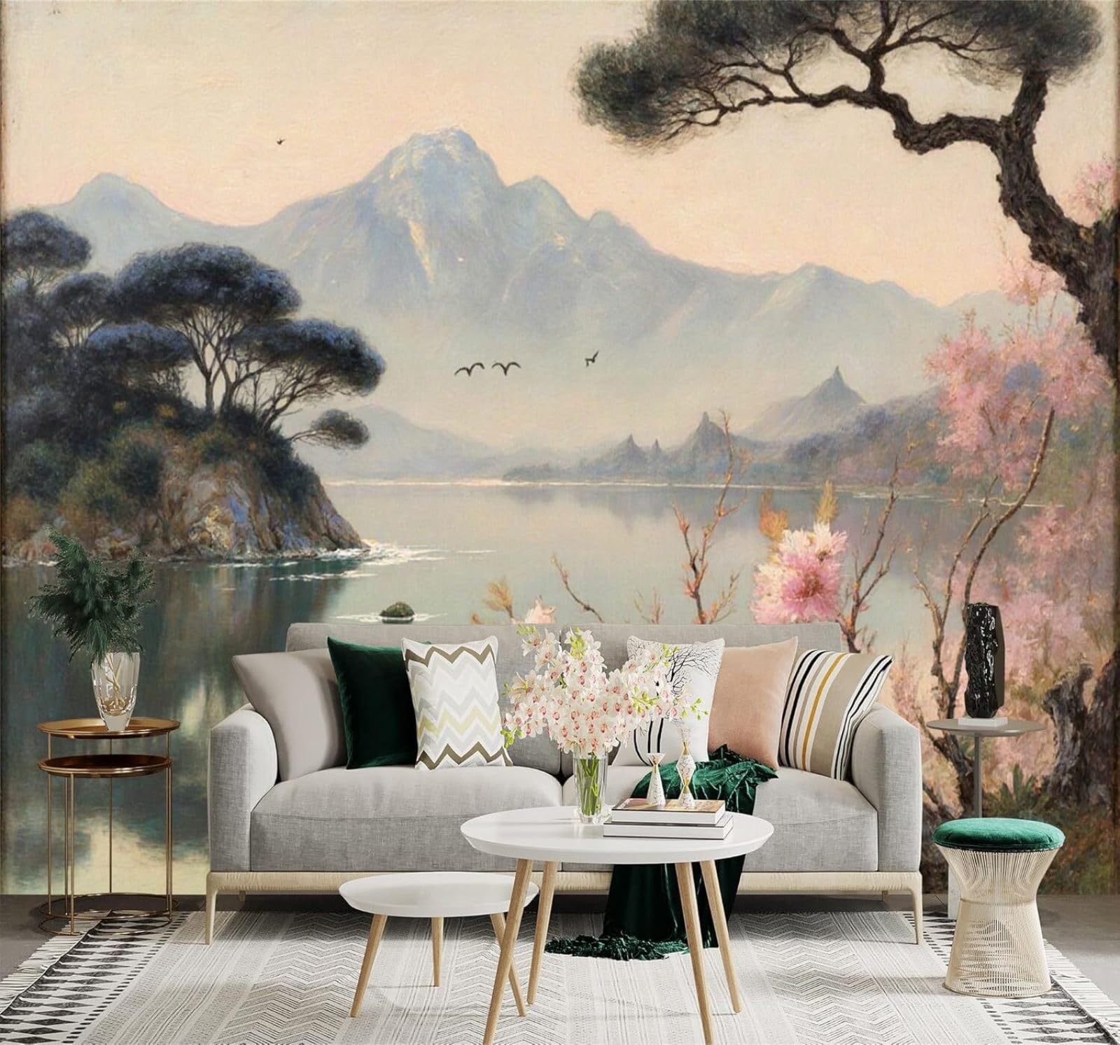 XLMING Mountain Peaks Lakes Cherry Blossom Trees Birds in Flight Natural Scenery 3D Wallpaper Silky Texture Home Study Office Grey Dining Room Sofa Bedroom Living Room TV Backdrop-200cm×140cm