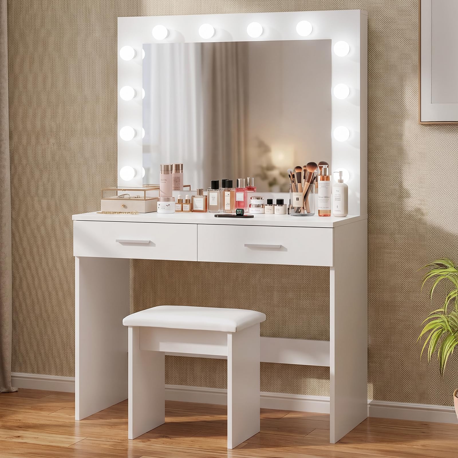Jooli H White Dressing Table Set with Hollywood LED Lights Mirror, Vanity Makeup Table 2 Large Drawers and Stool