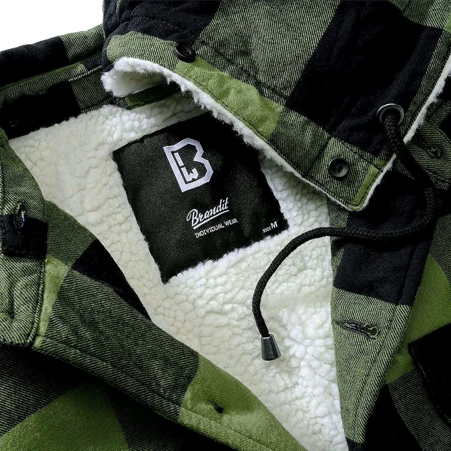 Brandit Individual Wear Men's Flannel Lumber Jacket - Warm All Weather Casual Outdoor Shera-Lined Jacket with Removable Hood, Black/Olive Gheck, Medium