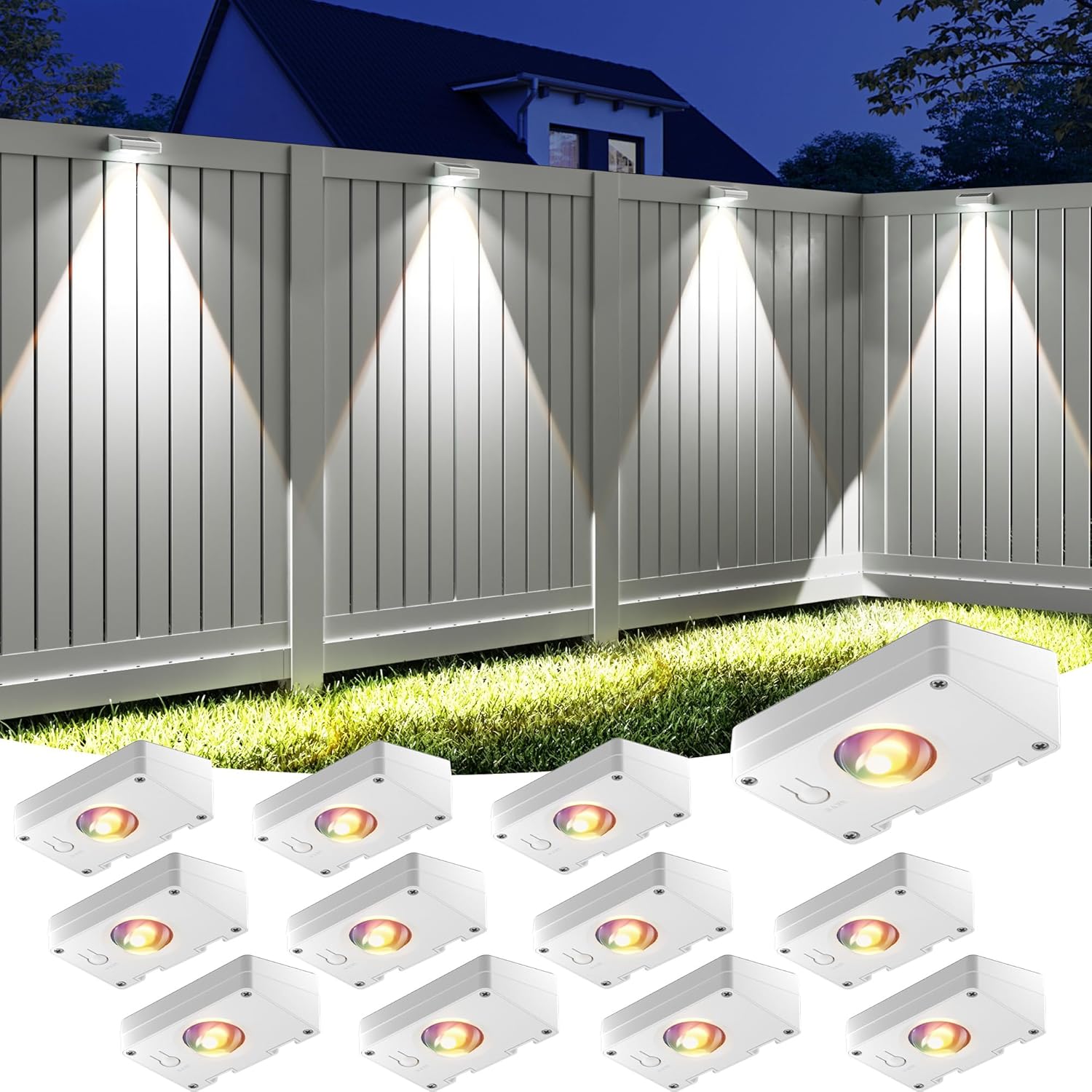 VOLISUN Solar Fence Lights, Fence Lights Solar Powered, IP65 Waterproof LED, RGB Color Changing Solar Light for Fence, Yard, Wall, Backyard (12 Pack, White) White 12 PACK (missing 2 lights)