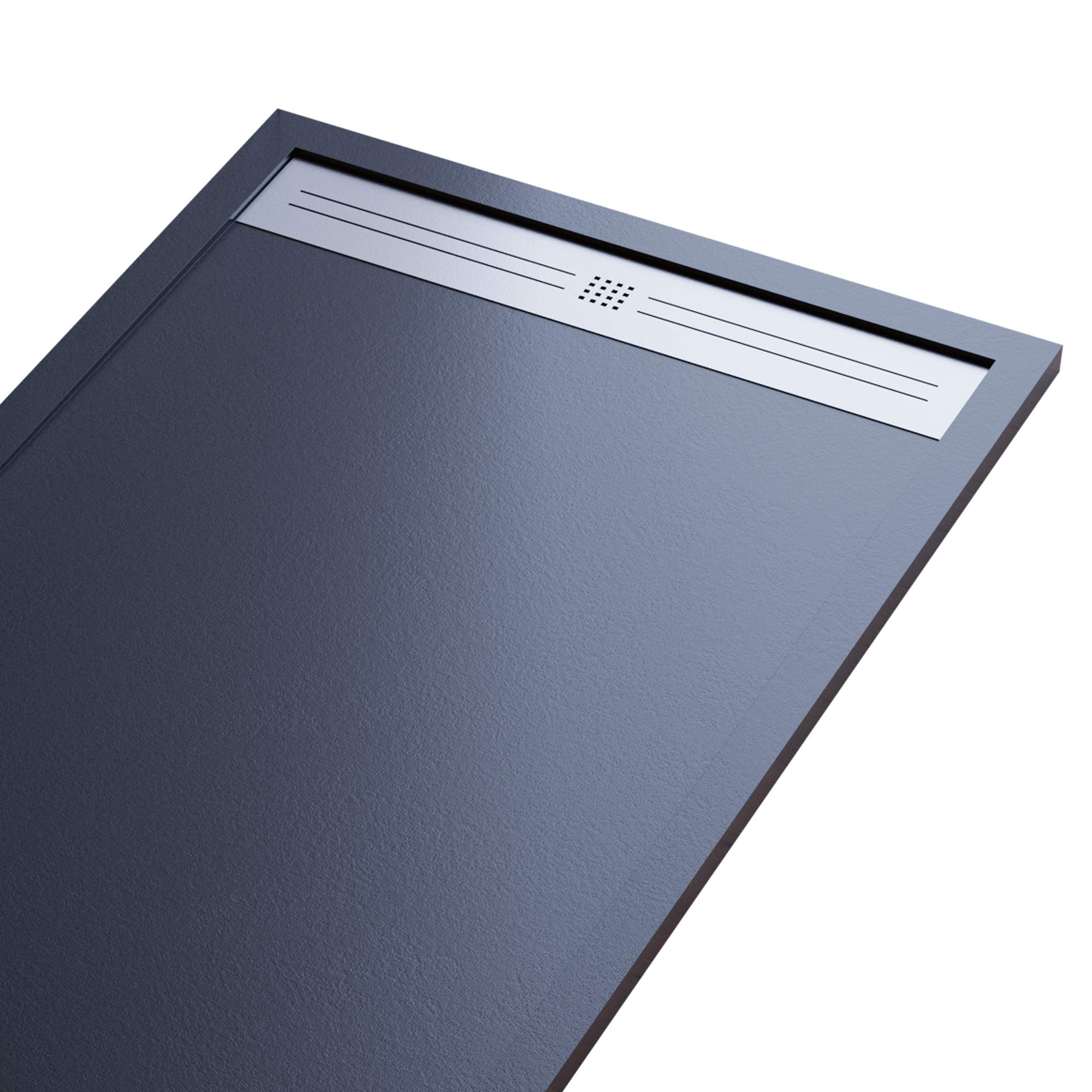Piatto Doccia Mineralmarmo Effetto Pietra Ardesia - Modello Moon - Marmo Resina con Gelcoat - Griglia Laterale in Acciaio Inox - Colore Nero - 70x140