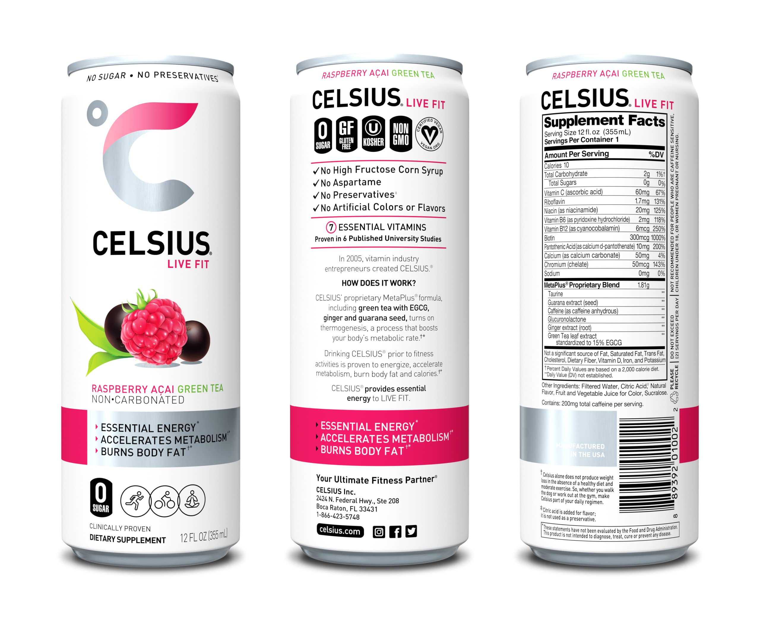 CELSIUS Essential Energy Drink, Raspberry Acai Green Tea, 12 Fl Oz