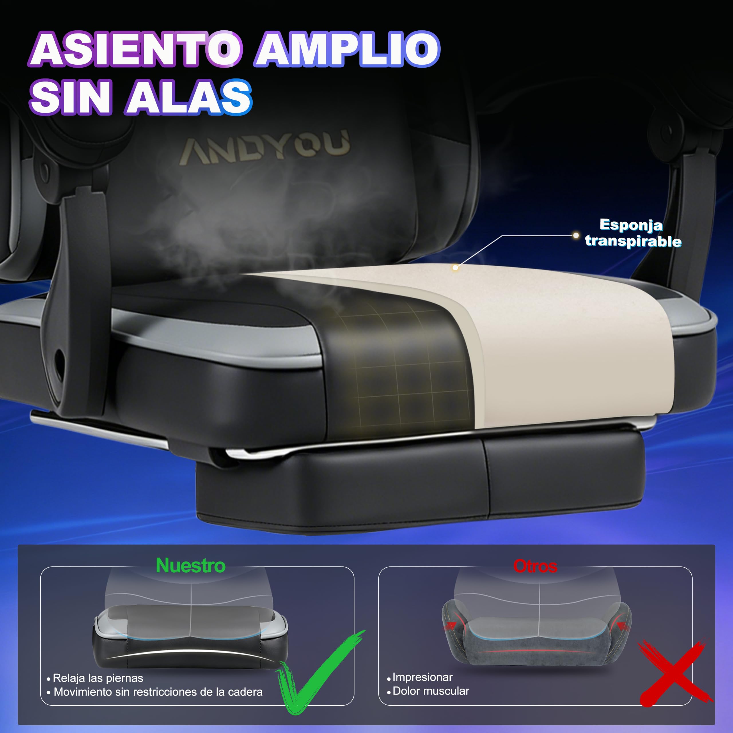 Andyou Silla Gaming Ergonomica con Reposapiés–Regulable en Altura, Cuero PU, Reposacabezas y Soporte Lumbar, Respaldo Reclinable 90-135°, 130 kg, Negro