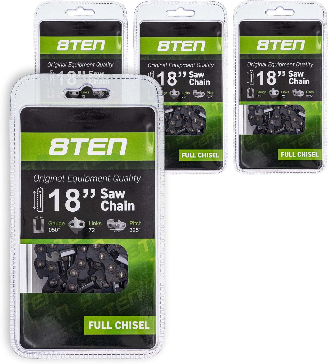 8TEN Chainsaw Chain for Husqvarna 345 351 350 340 455 Rancher Jonsered 18 inch Bar .050 Gauge .325 Pitch 72DL 4 Pack