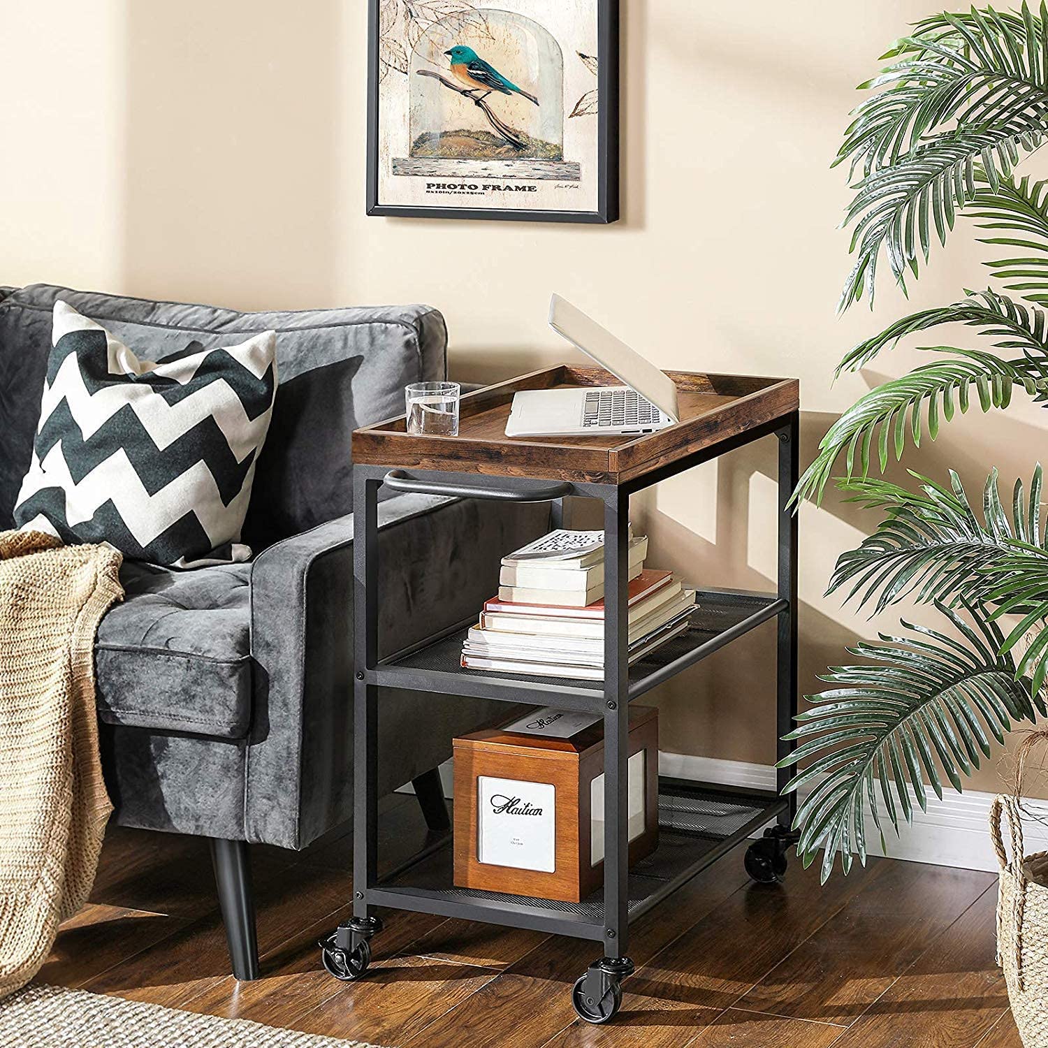 OGFC 45227 Bar Serving Cart Table Kitchen Wine Storage Cart with Wine Rack/Glass Holder, Serving Trolley with Lockable Wheels for Home/Pantry and Guest House, Black 1
