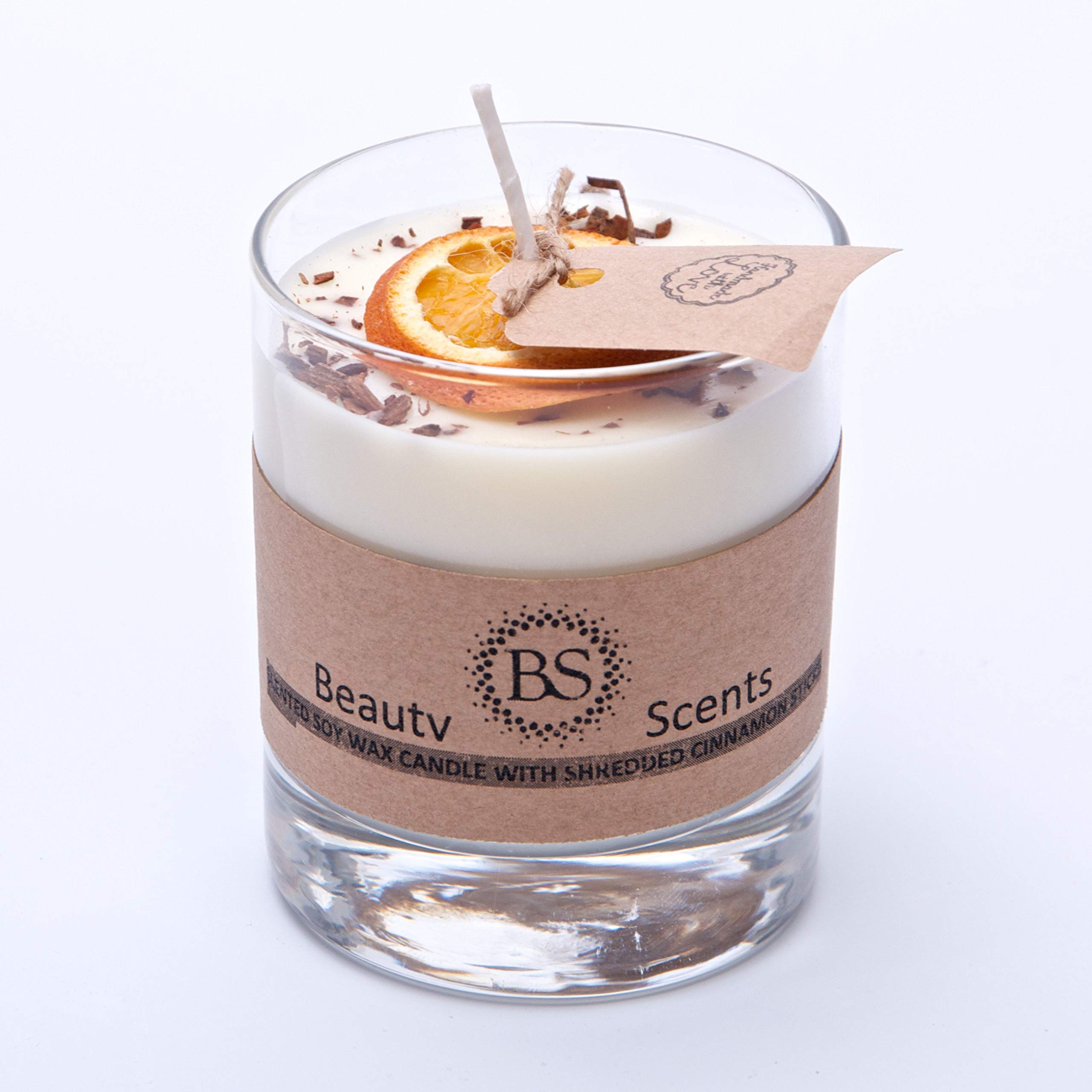 Beauty Scents Handmade Cinnamon & Orange Scented Natural Wax Candle with Cinnamon Shredded Sticks Glass Jar D 6.5 cm H 6.5 cm