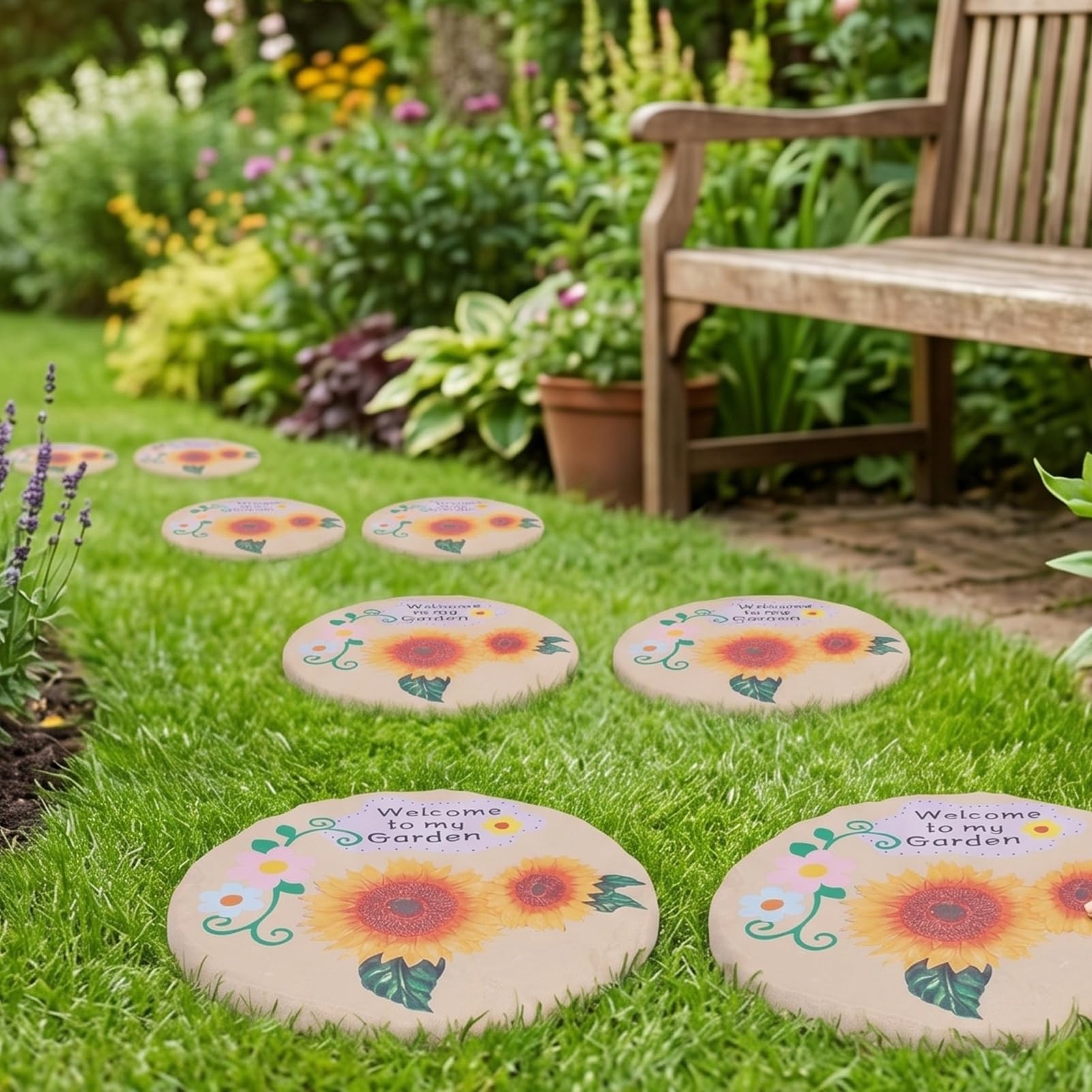 Luocute Dalles en Résine pour Jardin, Pas Japonais Ronds avec Piquets de Fixation, 4 Pièces étanches pour Pelouse Terrasse Allée, Installation Facile (Style de Petite Fleur de Tournesol)