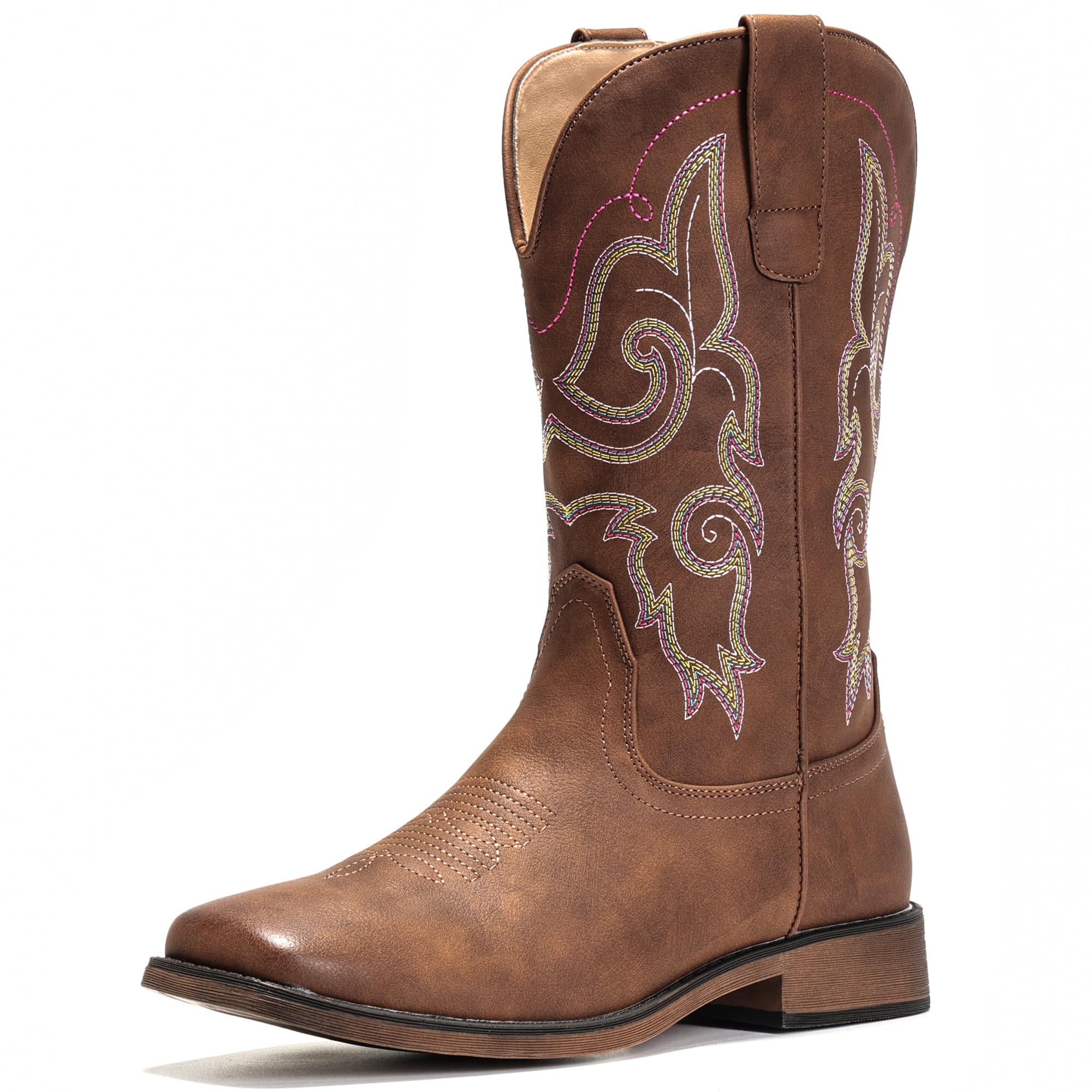 IUV Cowboy Boots For Women Square Toe Wide Western Boots Mid Calf Cowgirl Boots Pull On Fashion Embroidered