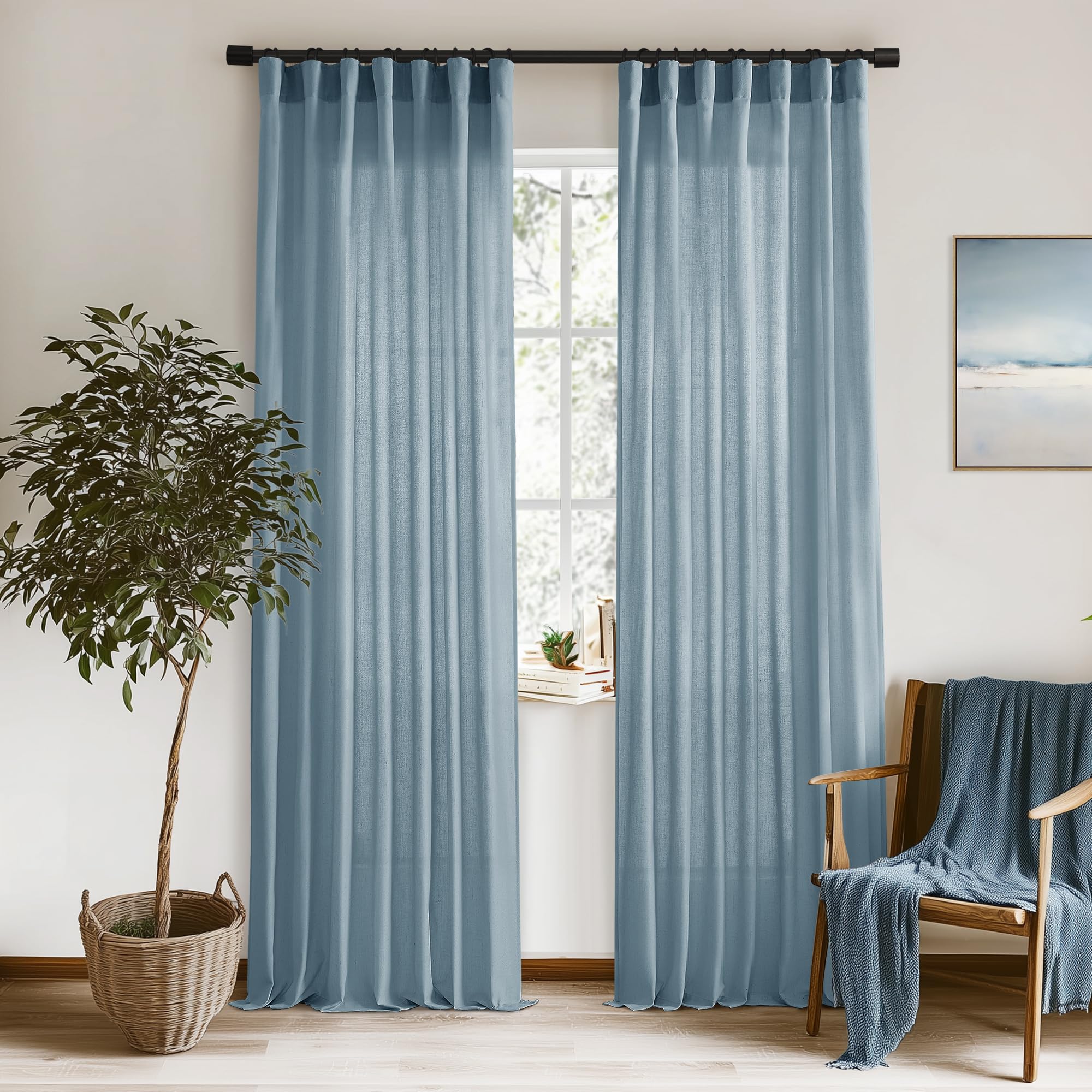 XTMYI Dusty Blue Curtains 84 Inches Long for Living Room,Light Filtering Country Vintage Hooks Pleated Back Tab Semi Sheer Linen Curtains for Bedroom 2 Panels Set,Grey Stone Blue