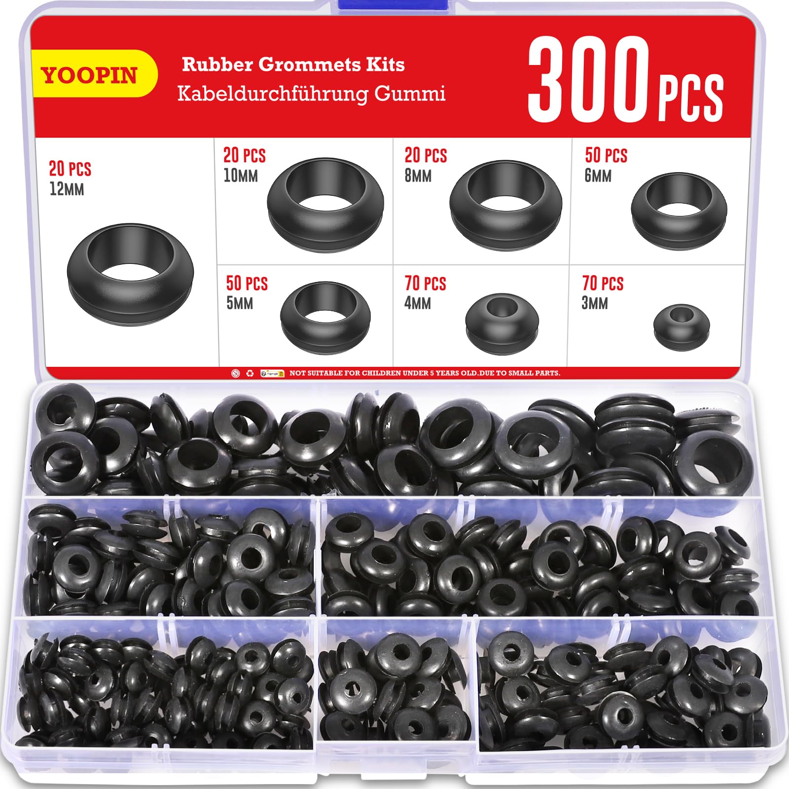 YOOPIN 300PCS Rubber Grommets Kits, 7 Assorted Sizes Rubber Grommets for Holes, Black Electrical Cable Holes, Conductor Gasket Ring Grommet, Electrical Wire Gasket for Protecting Wires, Plug
