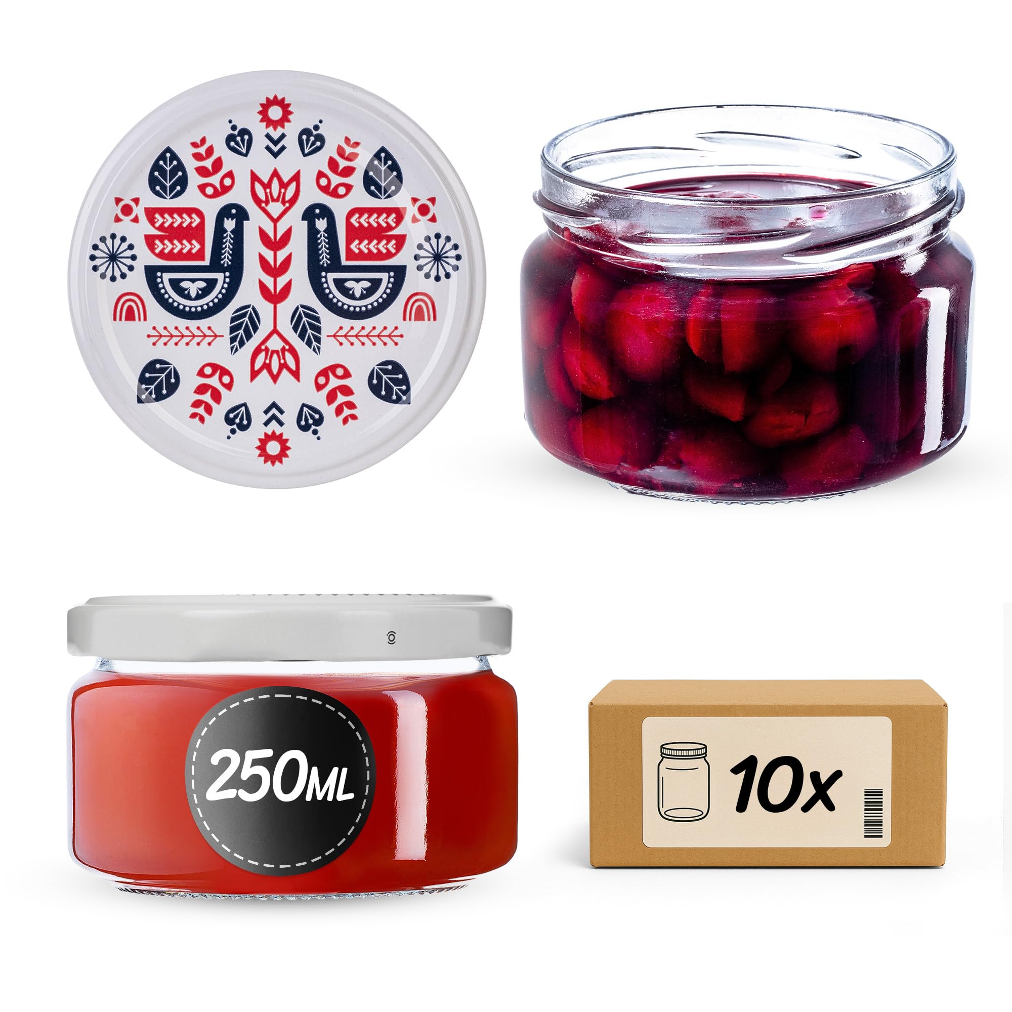 KADAX Juego de 10 tarros para mermelada de 250 ml con tapa de rosca Ø 82 mm en estilo folclórico I - hermético, apto para lavavajillas, ideal para mermelada, chutneys, verduras encurtidas, carne