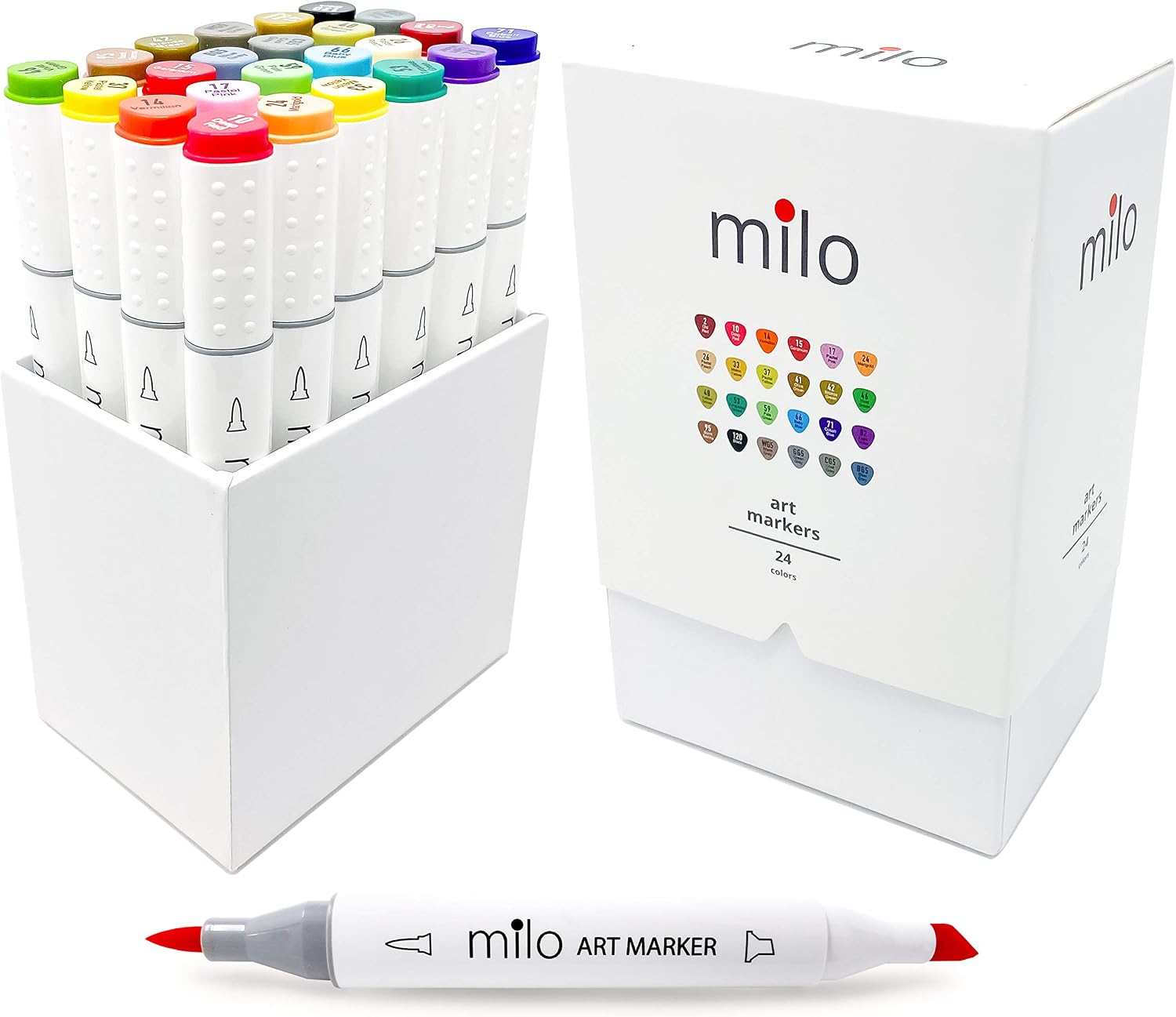 milo Alcohol Brush Markers Set of 24 Art Markers | Double Tip Markers Brush Nib & Chisel Tip Sketch Markers for Artists, Coloring, Drawing, Calligraphy, Permanent Alcohol Based Ink, 24 Colors