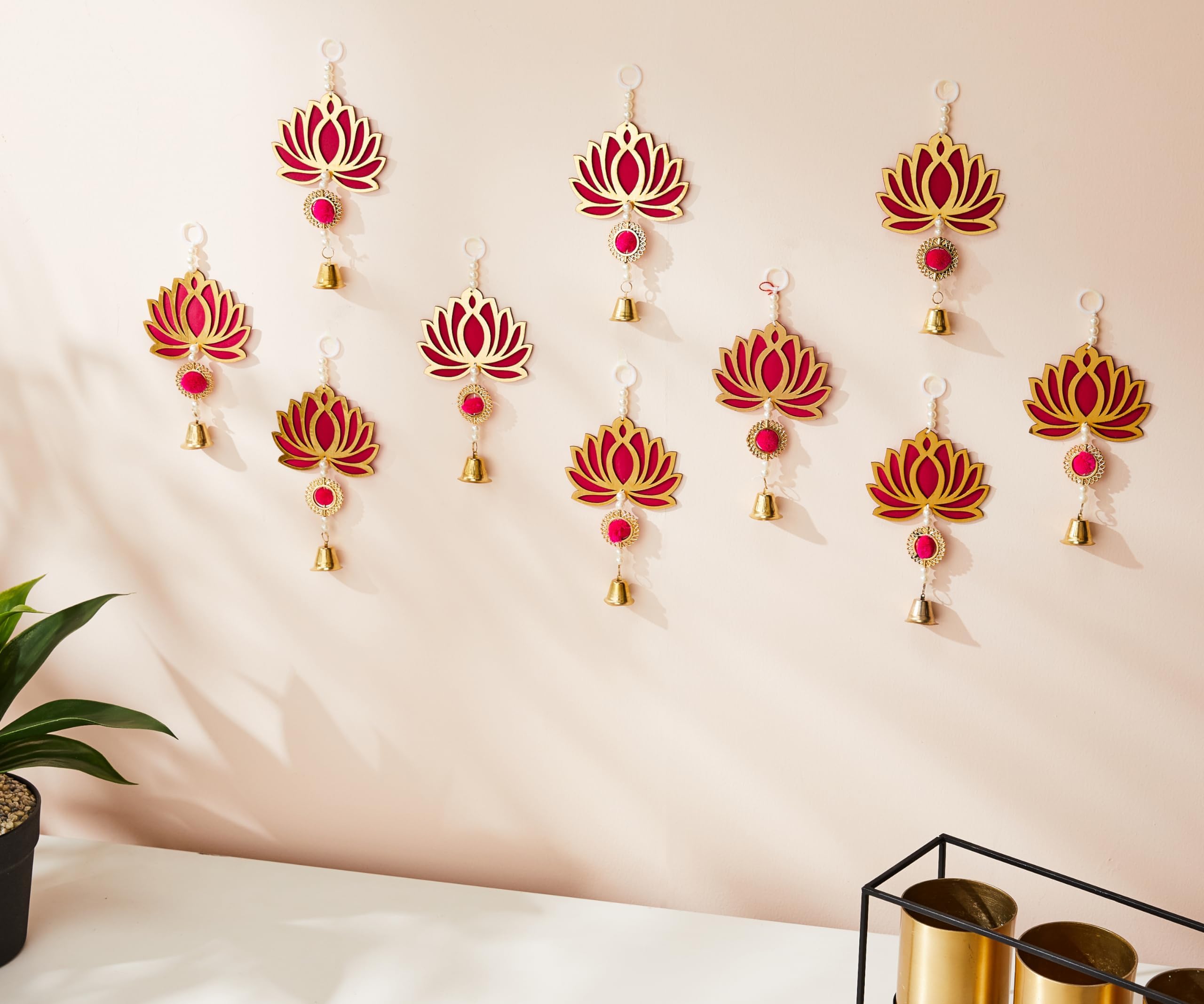 Amazon Brand - Solimo Pack of 10 Wall Door Hanging Lotus Latkan Toran with Bells