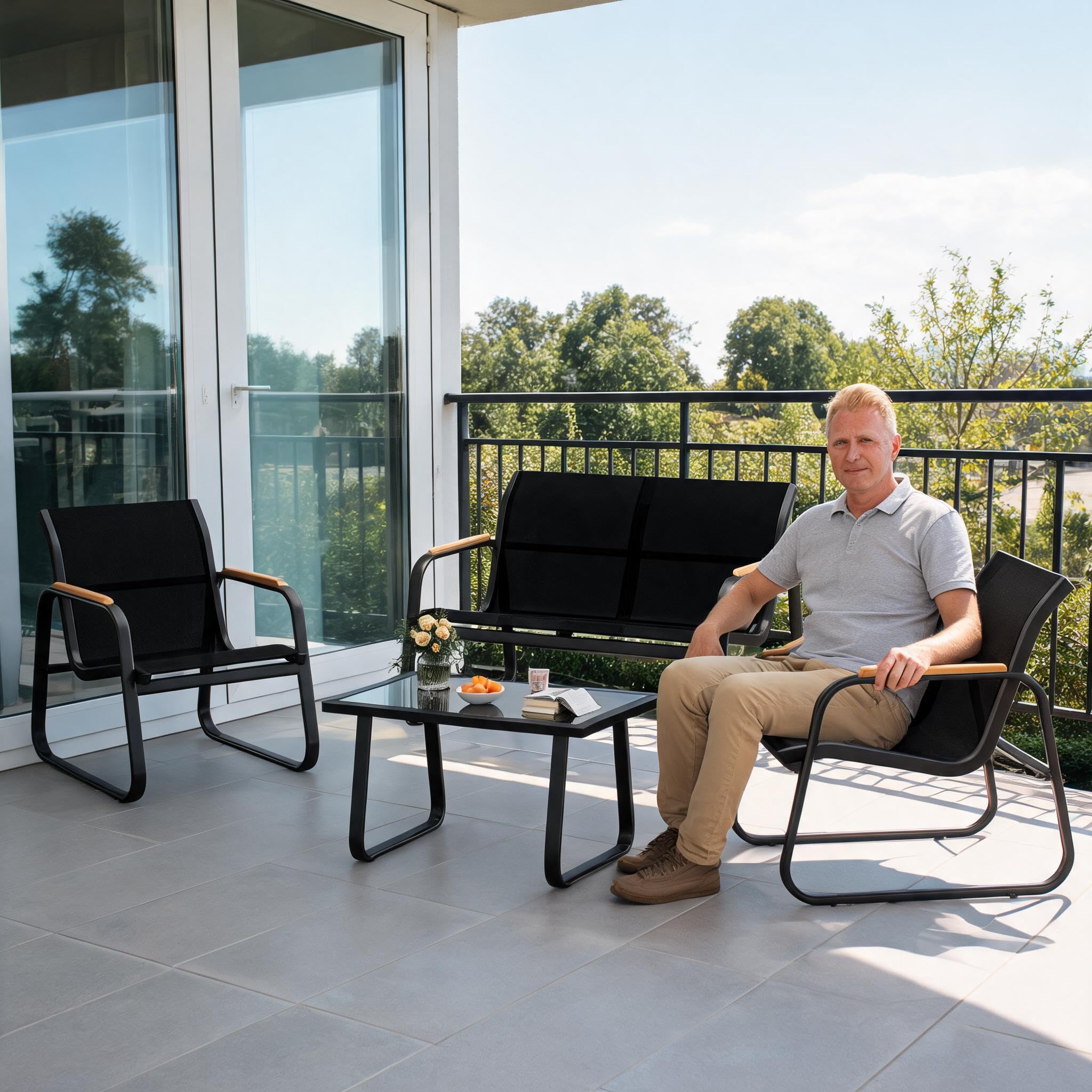 4 Teiliges Outdoor Gartenmöbel Set, Sofa, 2 Sessel & Glastisch Langlebig | Aus Stahl ,Wetterfestes Von Balkonmöbel,Für Garten, Balkon Oder Terrasse,Einfache Montage
