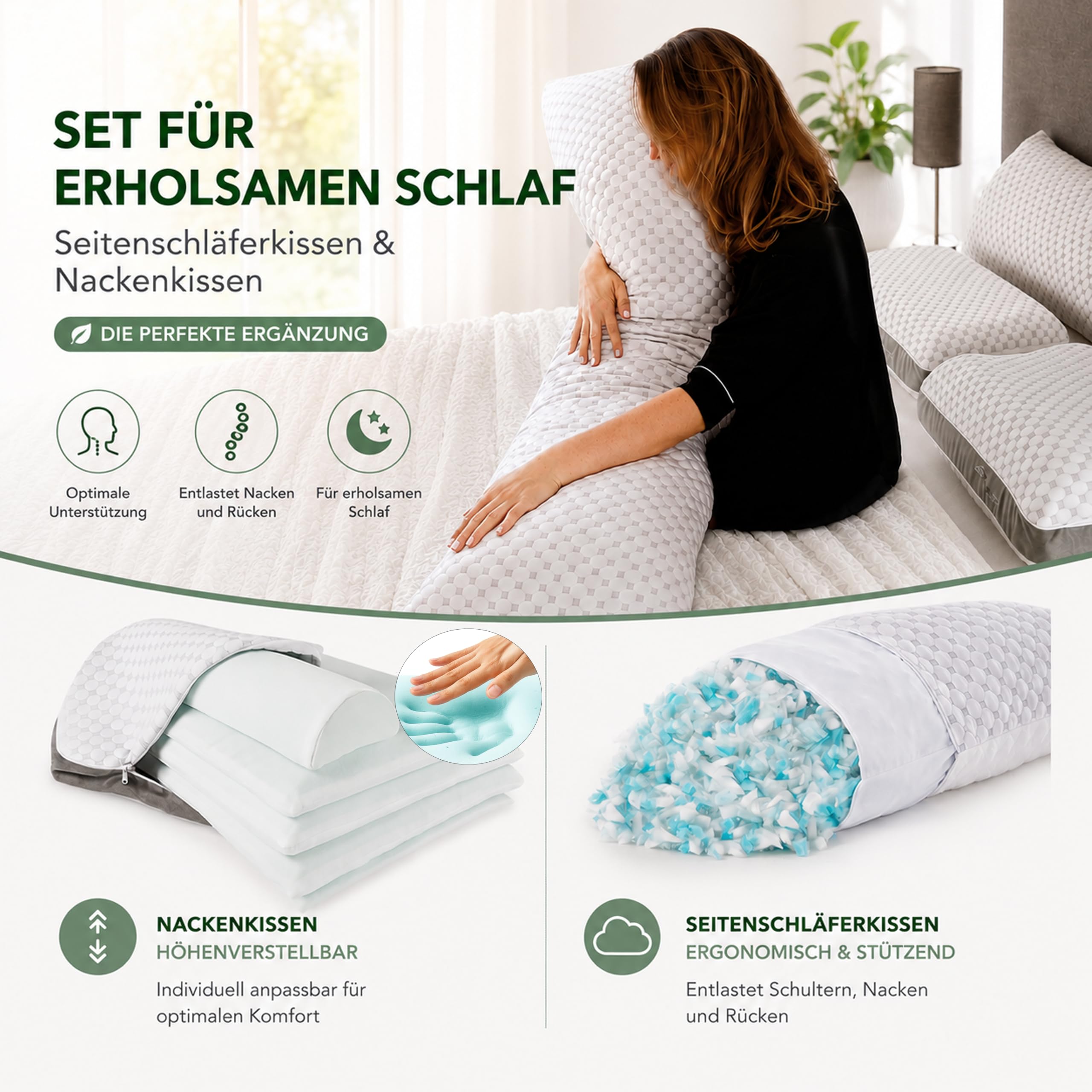 Bundle Set Seitenschläferkissen 40 x 145 cm & höhenverstellbares Memory Foam Nackenkissen – Ergonomisches Schlafkissen-Set für Seiten-, Rücken- & Bauchschläfer