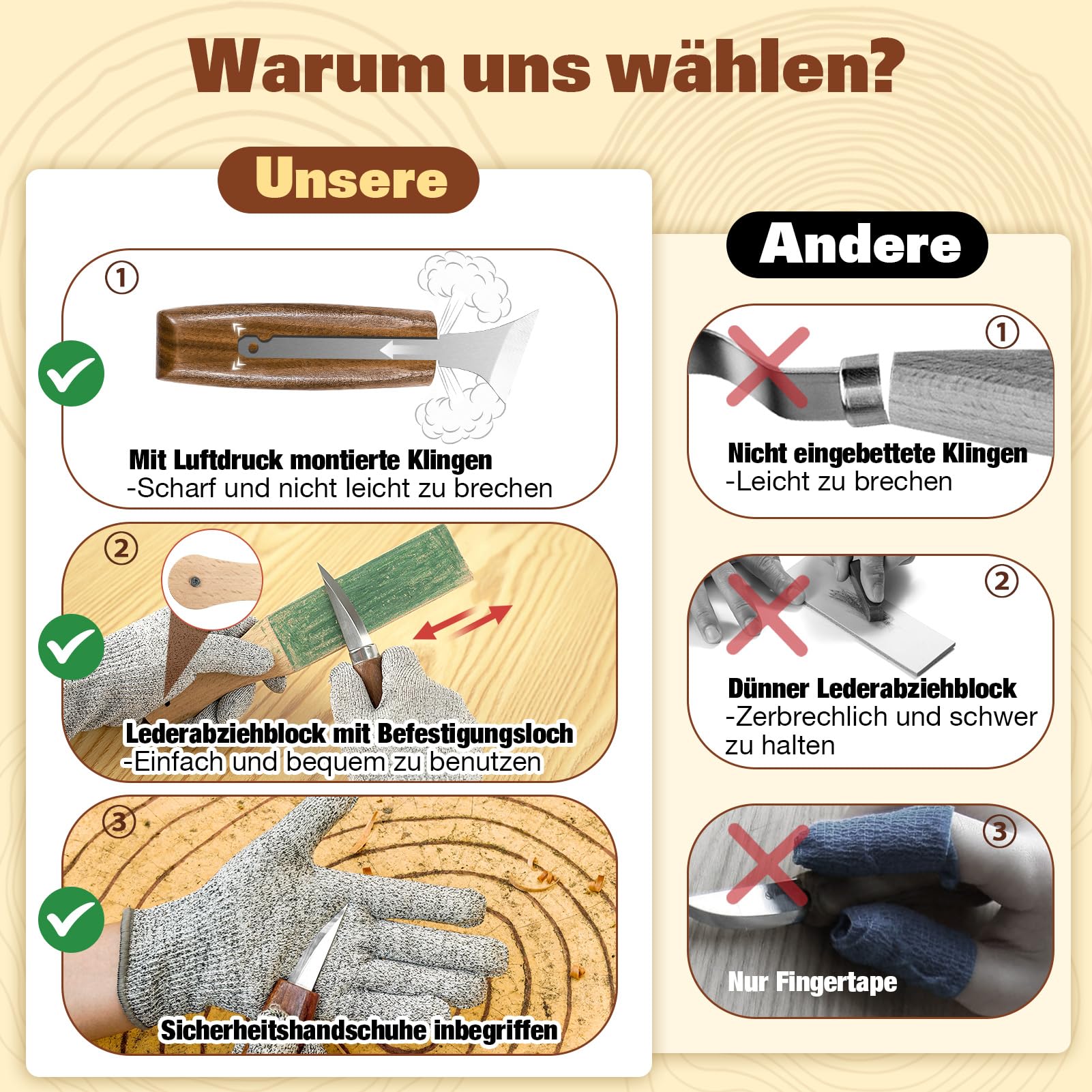 Holzschnitzset, 17-teiliges Holzschnitzwerkzeug mit Aufbewahrungstasche aus Leder, Holzschnitzset mit 2 Meißeln und 6 Schnitzmessern und 5 Detailschnitzmessern für Anfänger und Enthusiasten