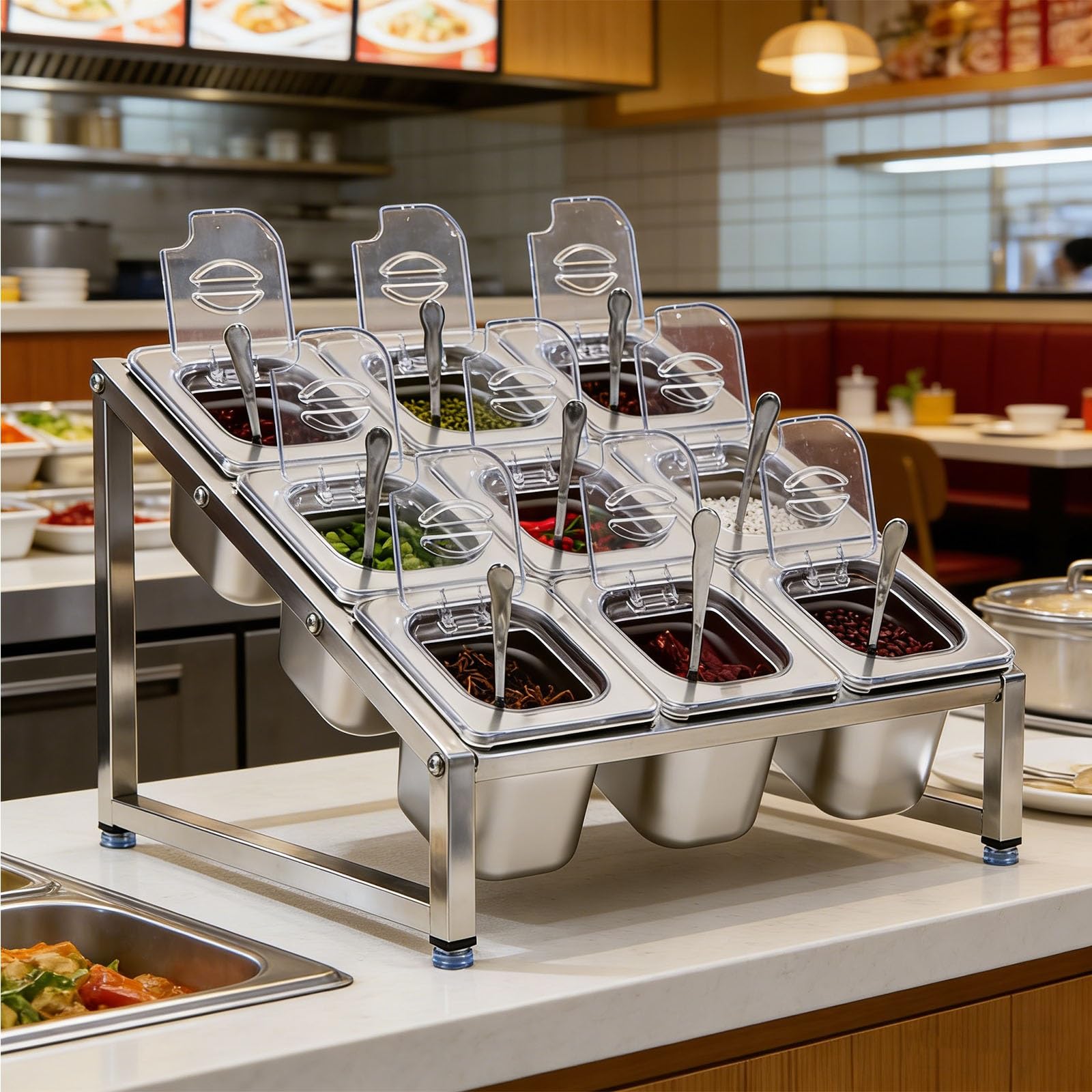 Stazione per pizza a 3 livelli in acciaio inox con cucchiaio, altezza regolabile e vassoio antiscivolo per condimenti, frutta, verdura e salsa