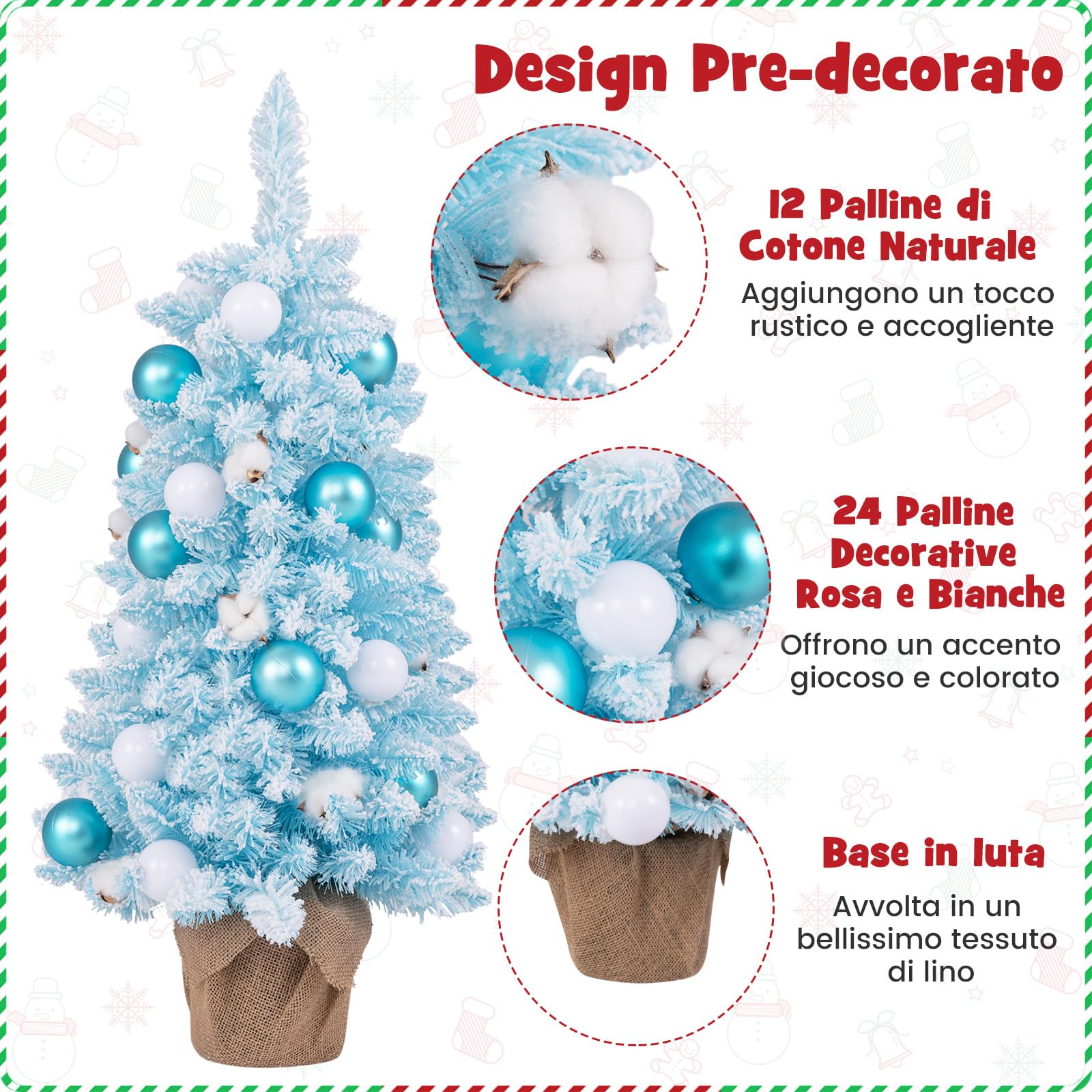 COSTWAY Albero di Natale Artificiale Piccolo 90 cm, Albero di Natale da Tavolo con 12 Palline di Cotone Naturale, 24 Palline e Rami Imbiancati, Decorazione Natalizia per Feste (Azzurro)