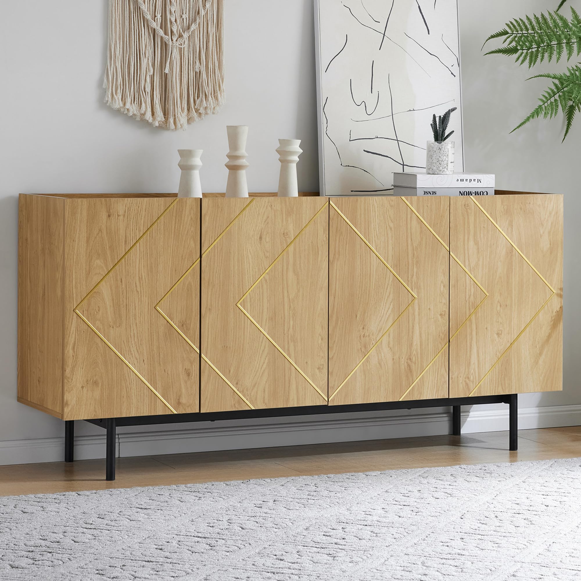 Merax Sideboard Holz Kommode mit 4 Türen,rustikal Sideboard Küchenschrank Buffet,Anrichte Beistellschrank Standschrank,Naturholz, H78/B160/T40 cm