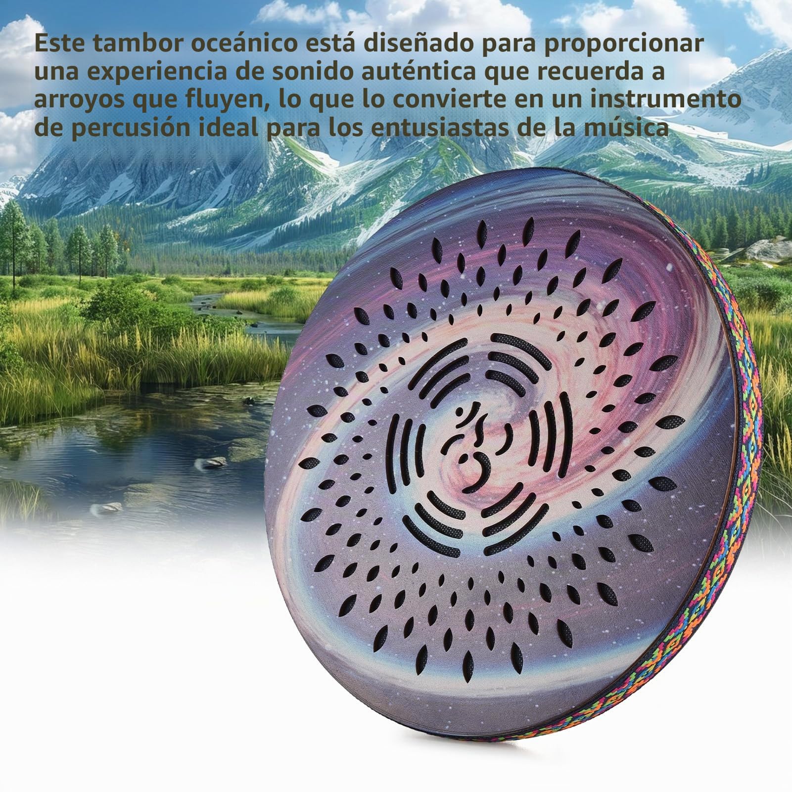 Btuty Tambor oceánico de 8 pulgadas, instrumento de percusión étnico, patrón de tambor pintado, tambor de madera de abedul, borde tejido, para suministros de fiesta en casa, música onomatopéica,