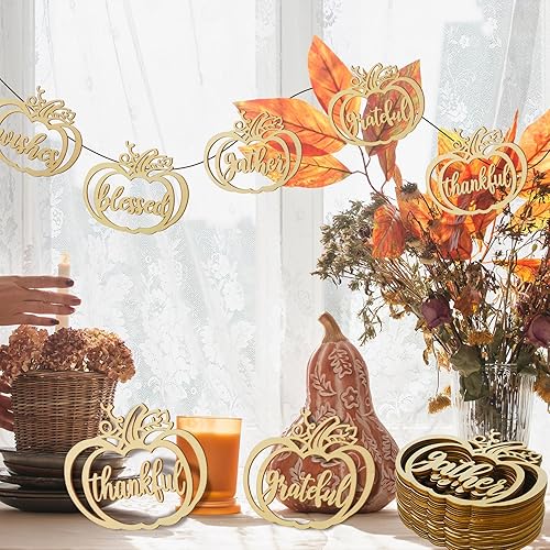 Miniatura 5 de Qunclay 36 piezas de decoración de placa de Acción de Gracias, recortes de madera de calabaza, decoración de mesa de Acción de Gracias, decoración