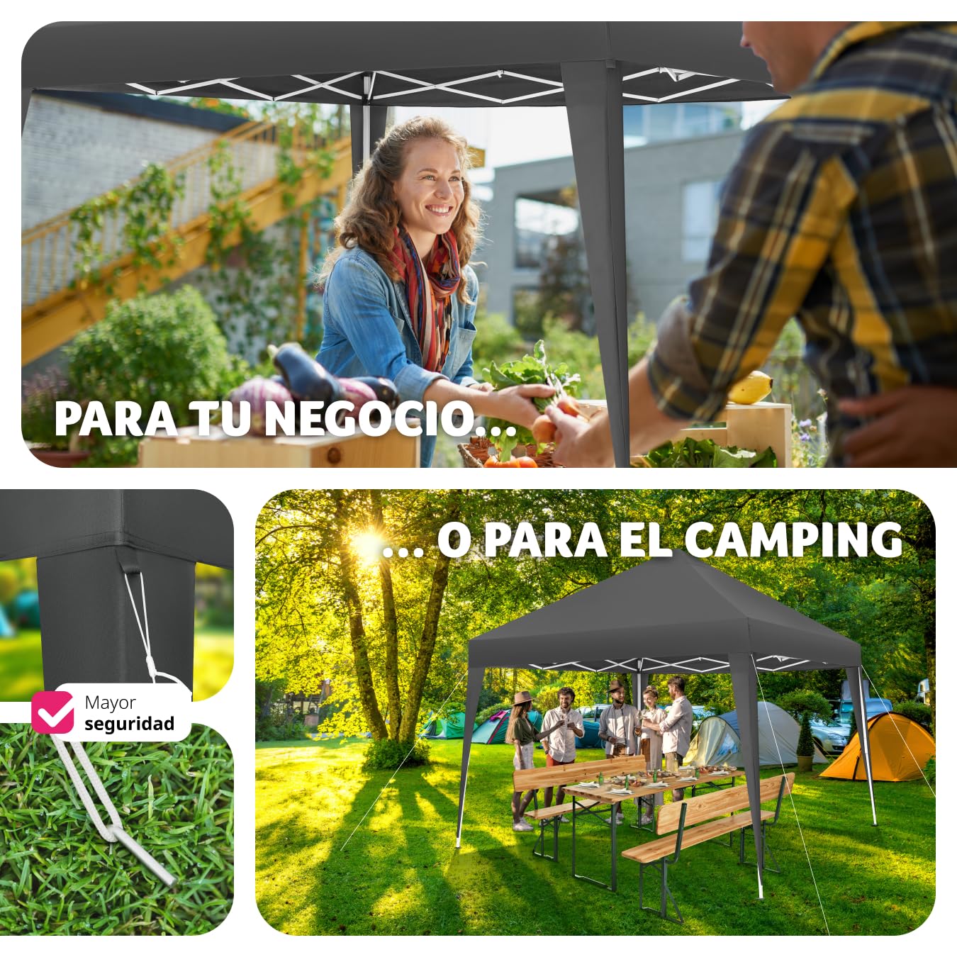 tectake® Carpa Plegable, Estructura Robusta, Regulable, Cenador, Pergolas de Jardin, Toldo Camping, Playa, Exterior, Carpas Repelentes al Agua, Cenadores para Jardin - 3x3 m Gris
