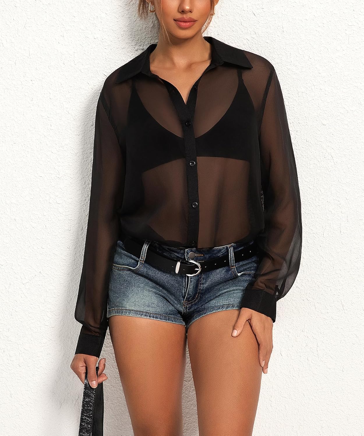 Womens Sheer Mesh Long Sleeve Tops See Through Oversized Button Down Shirts Blouse Going Out Tops - Image 4