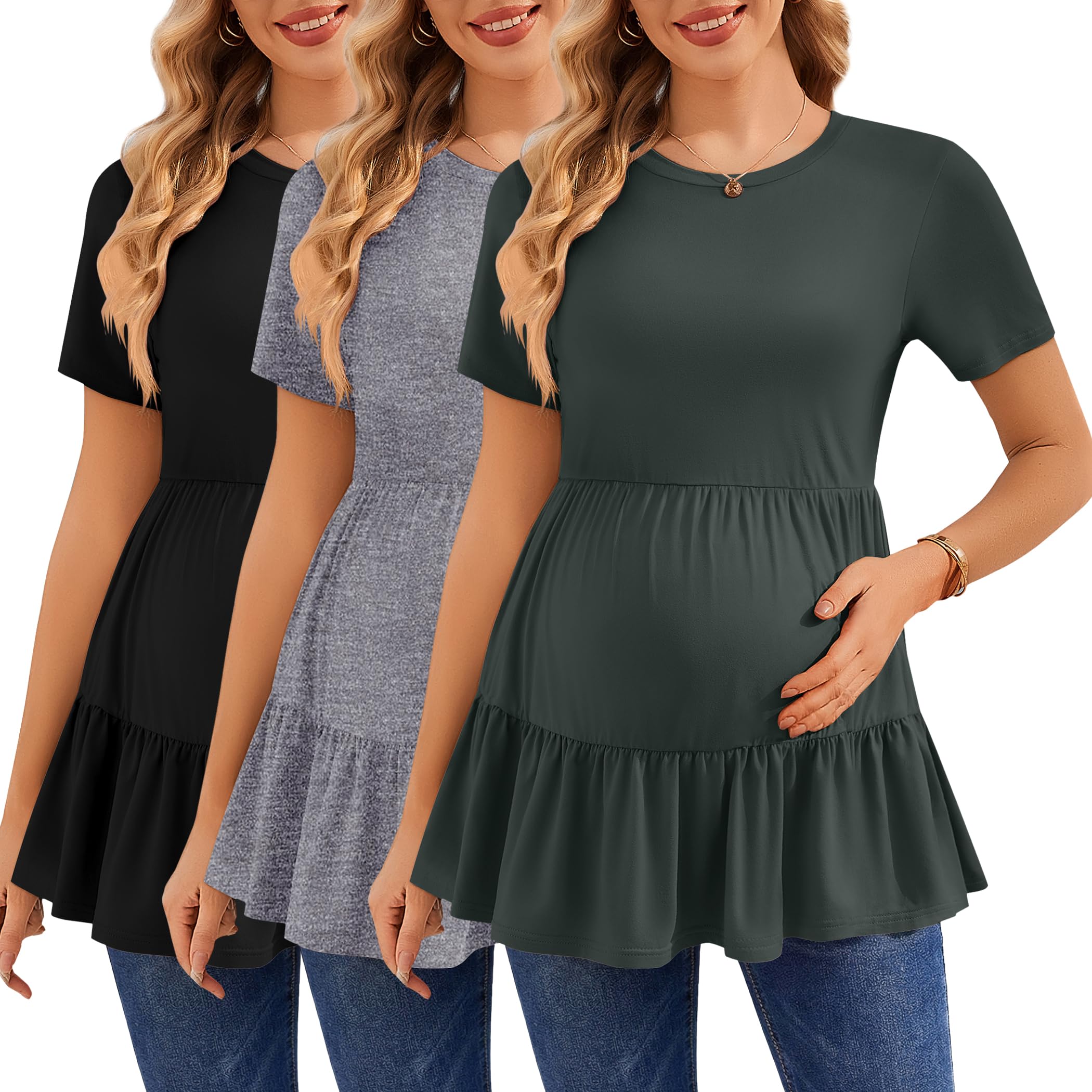 Ekouaer 3 Pack Womens Maternity Shirts Short Sleeve Ruffle Pregnancy Clothes Blouse Peplum Babydoll Tops Casual Mama Tee