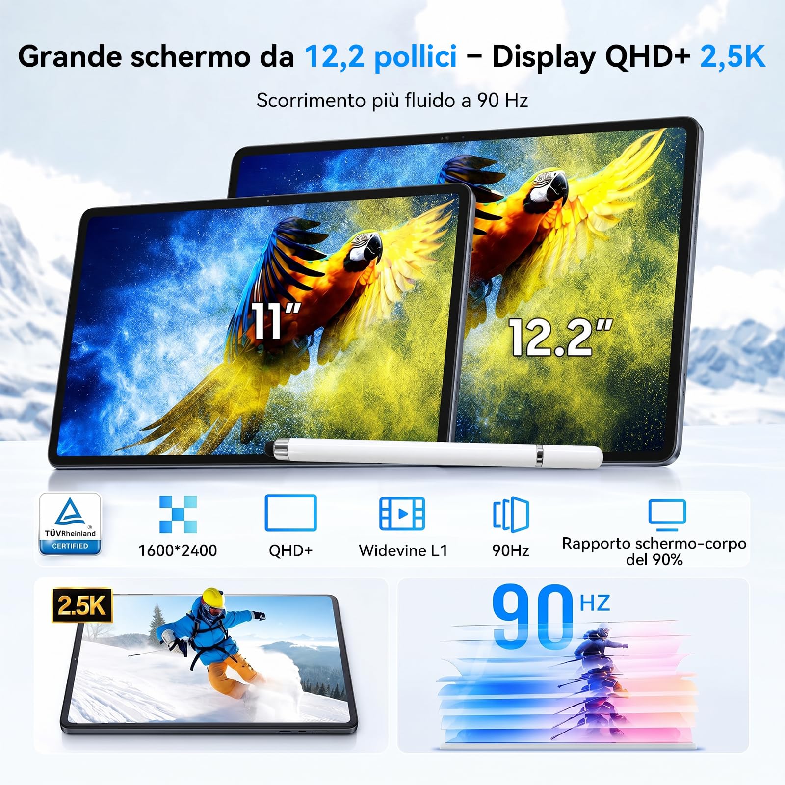 TABWEE 12 Pollici Tablet con Tastiera, 48 GB+256 GB, 10000 mAh | 1600 x 2400 QHD+, Widevine L1, 16 MP+8 MP, Gemini AI , GPS Incorporato, Tablet in Offerta con SIM (Garanzia di 4 Anni)