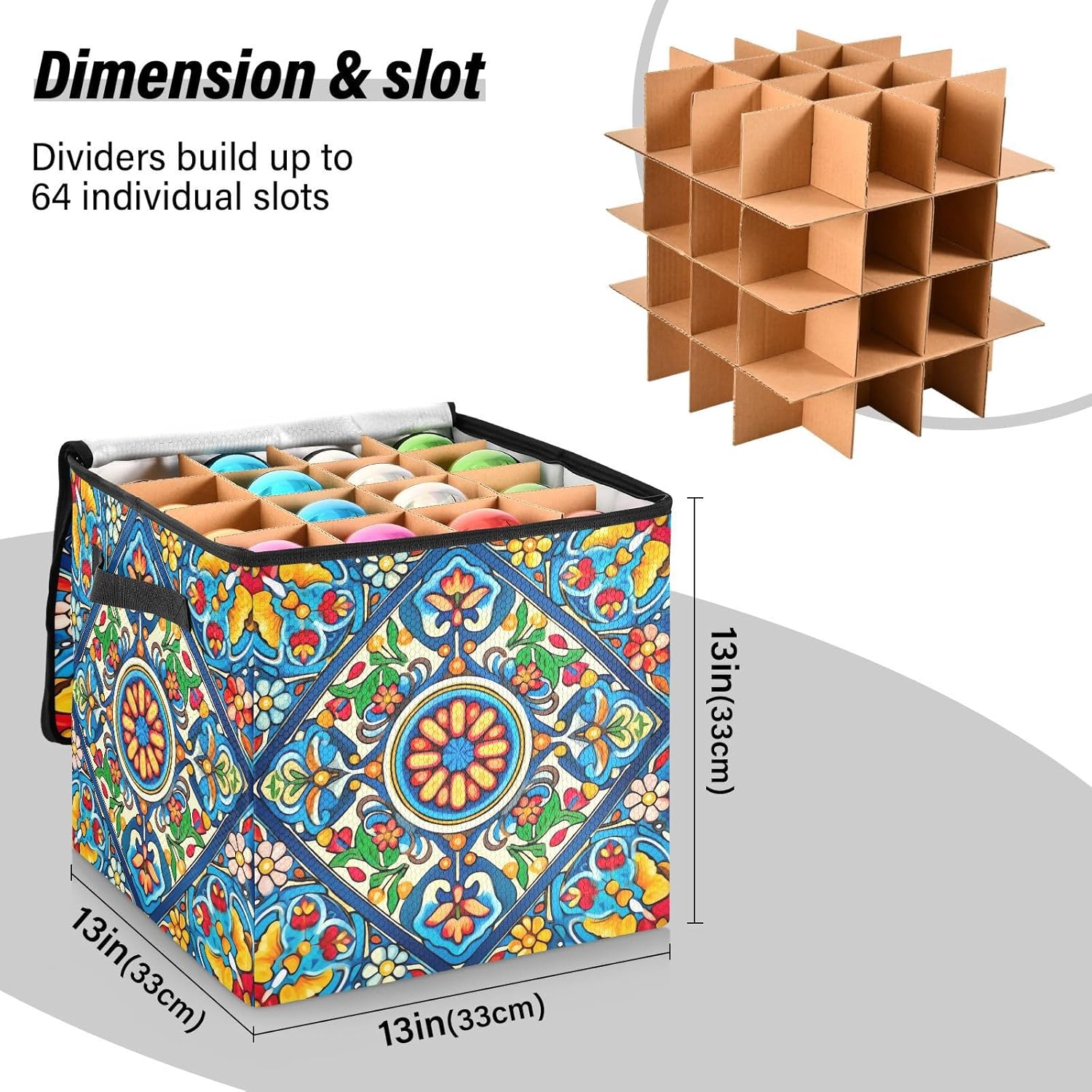 Colorful Mexican Style 13 Inch Christmas Ornament Storage Box with Lid - Holiday Decor Storage Containers, Stores 64 Ornaments, 3 Inch Cube Compartments