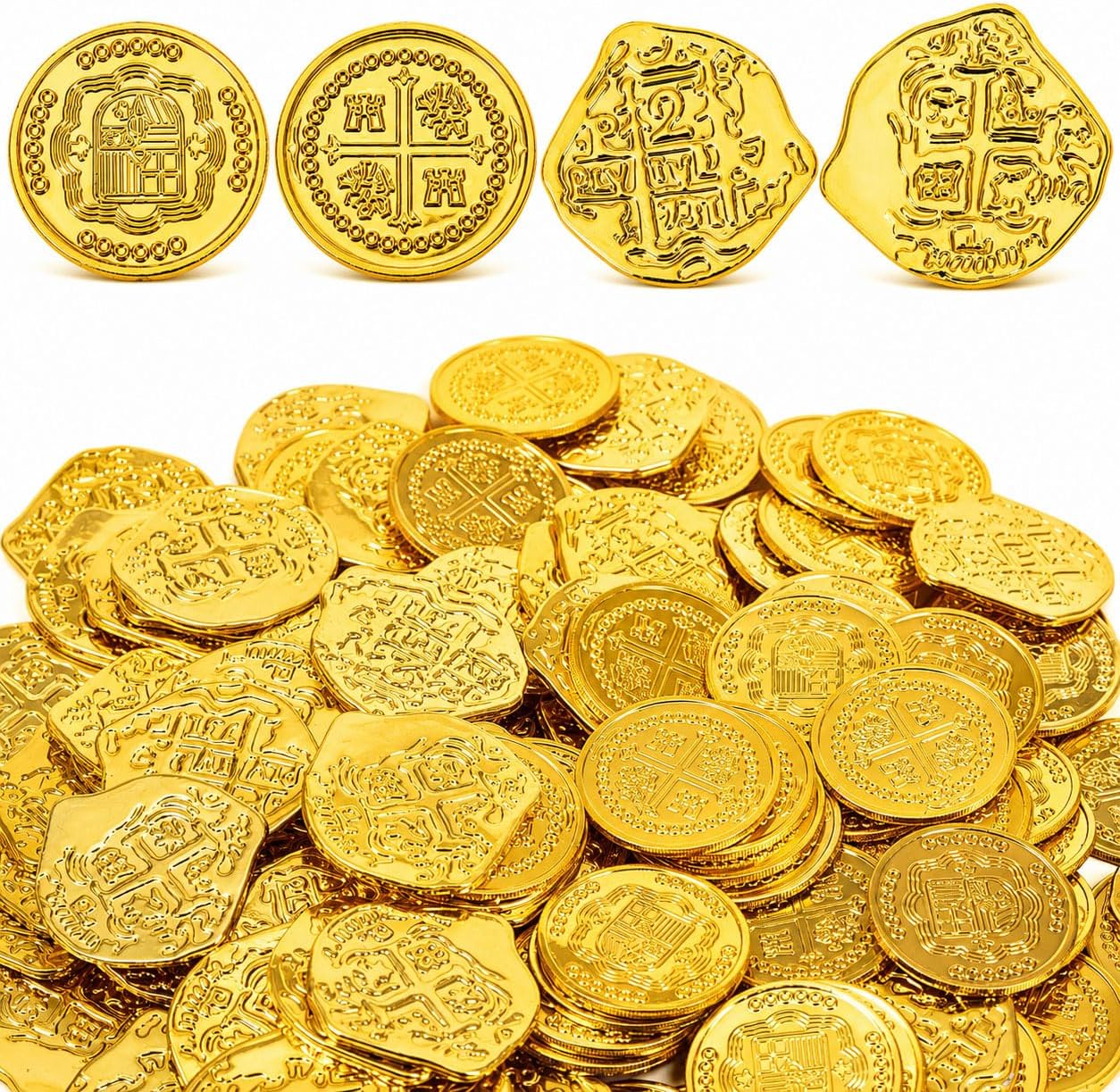 Gold Coins, Plastic Pirate Coins, 320 Pcs, 4 Patterns | Perfect for Pirate Parties,Pirate Themed Borthday,Party Favors