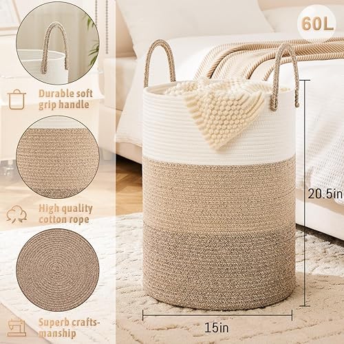 Miniatura 6 de Cesta de lavandería de cuerda de algodón tejida, 60 litros para almacenamiento decorativo de ropa sucia, juguetes y mantas en el baño, dormitorio y