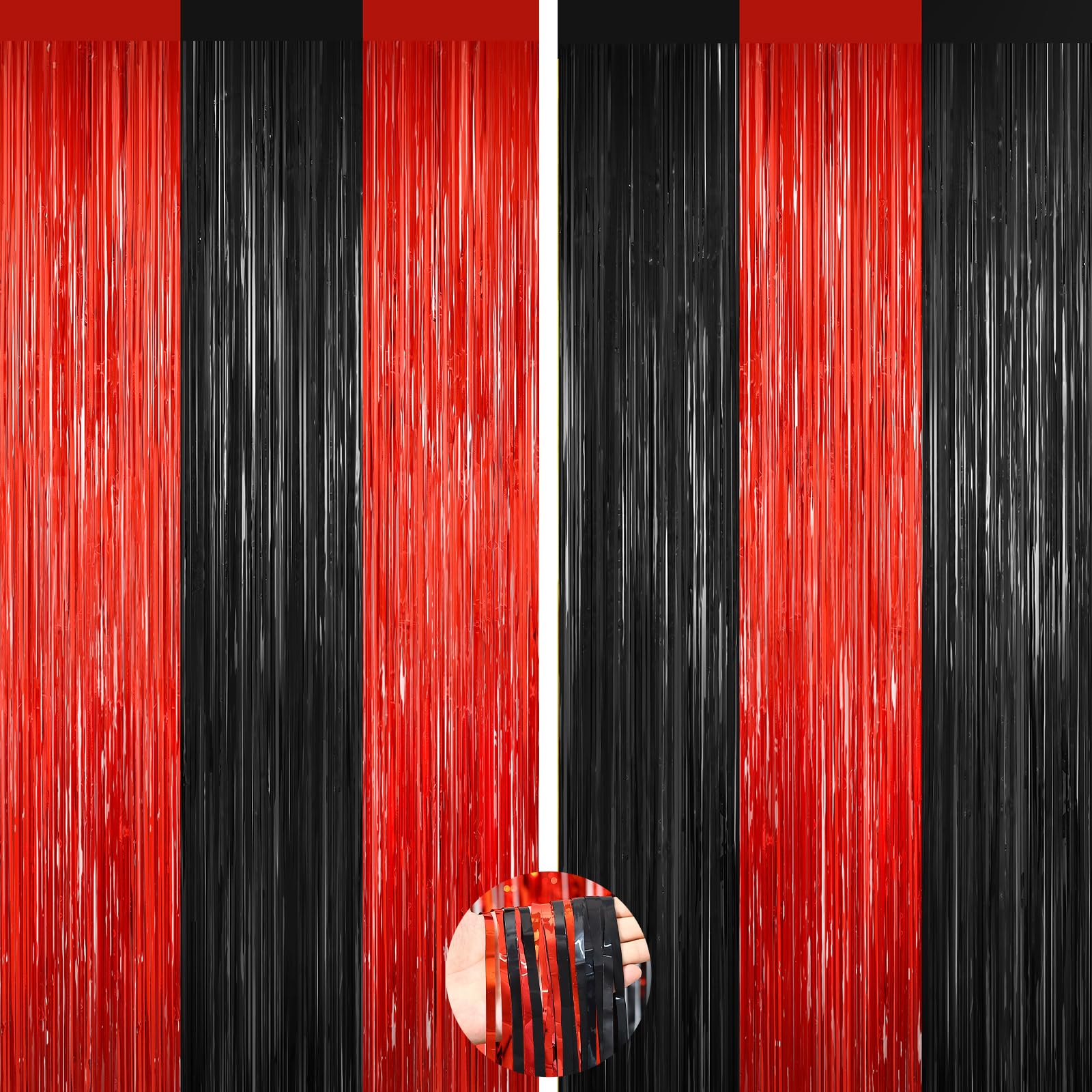 2Pack Red Black Tinsel Backdrop, Foil Curtain Streamer for Party Decoration