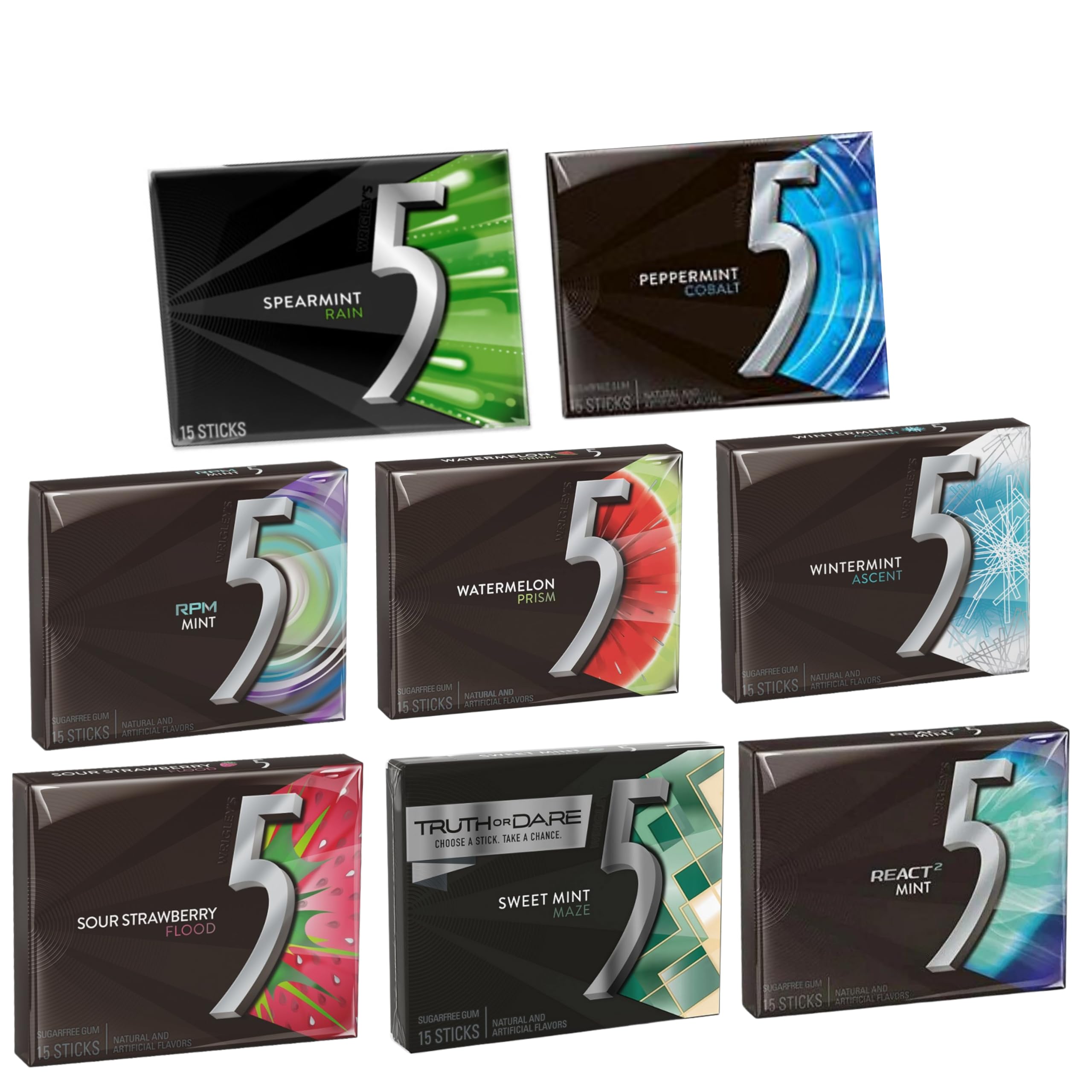 RAFSHOP 5 Gum Chewing - 5 Gum Variety Pack Sugar Free Assorted Flavor - (8 Pack) 15 Sticks per Pack. Total 120 Sticks