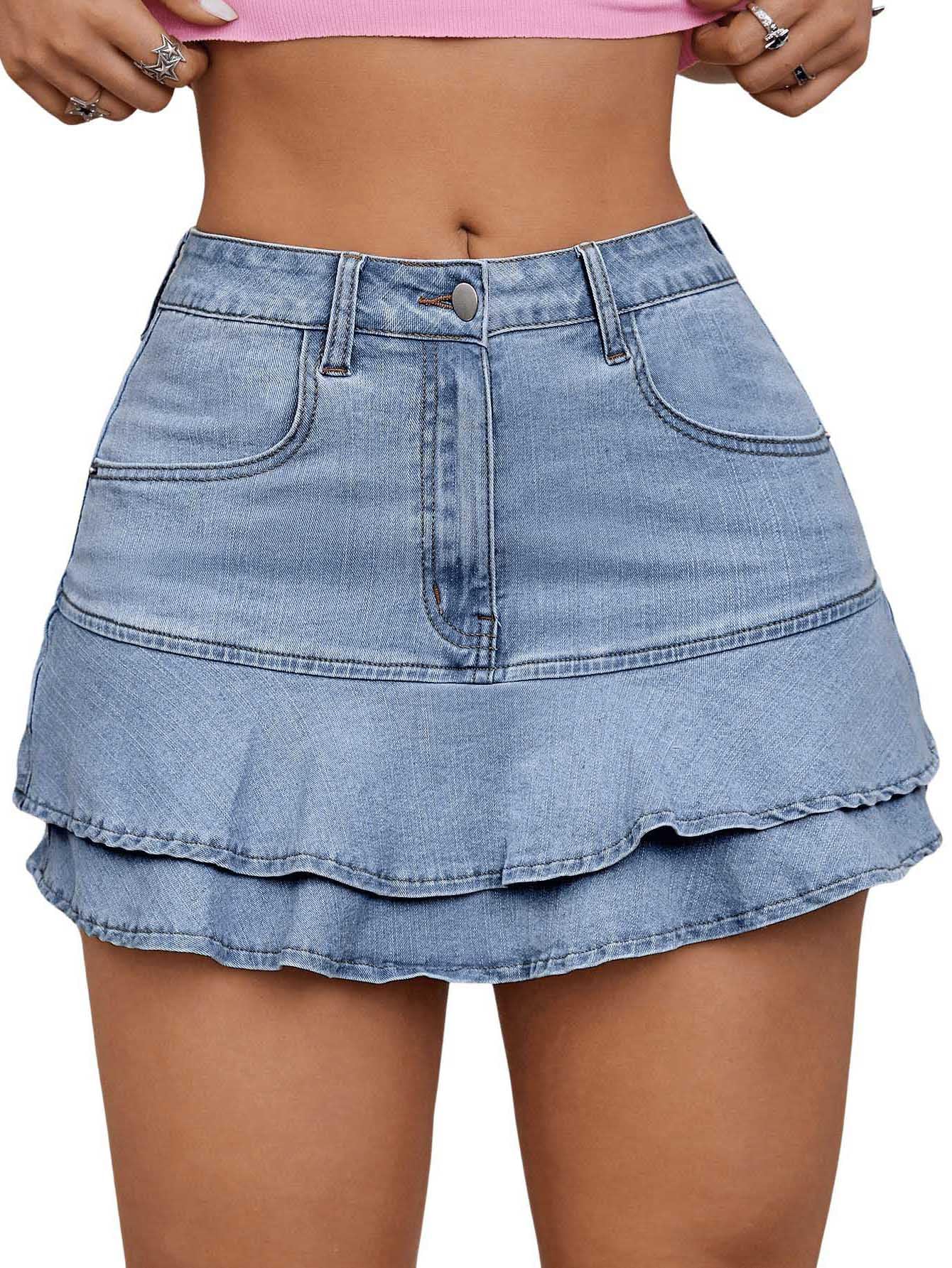 Floerns Womens Y2k Layered Ruffle Jean Skirt A Line Going Out Short Denim Skirts