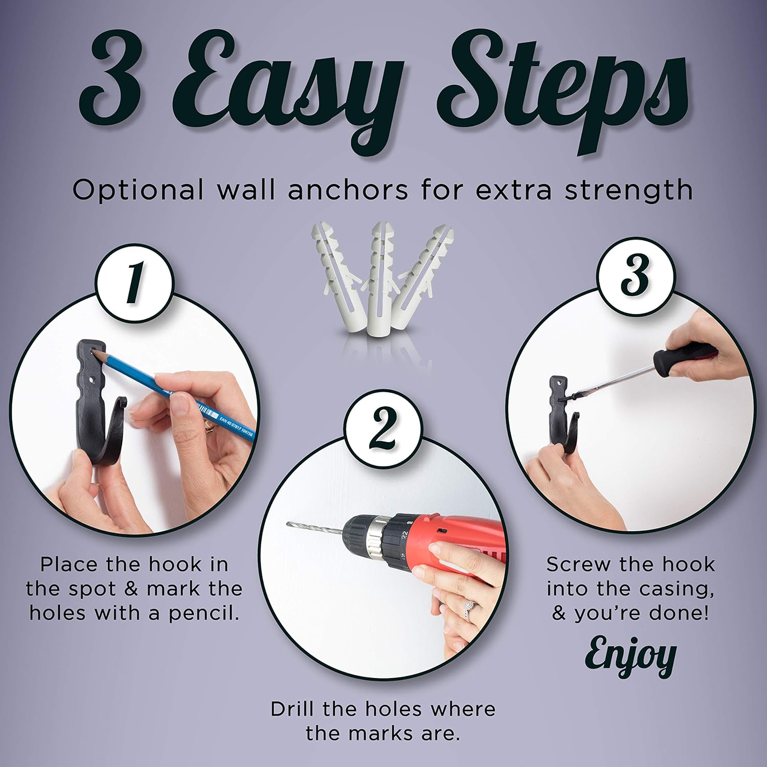 Decorative Hooks for Wall - Metal Wall Hooks for Hanging Coats, Hats & Bags, Rustic Towel Hooks for Bathrooms or Kitchen - Wrought Iron Farmhouse Hangers - Pack of 3, Black - 3.3x2x0.8 Inches - Image 5