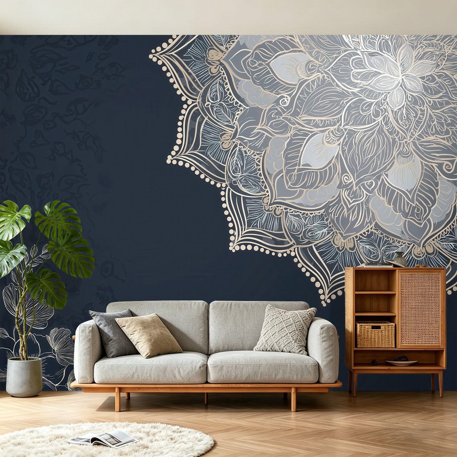 Fototapeta 250 x 175 cm ściany dekoracja salonu miłośnicy jogi etnicznej mandali geometryczne linie do sypialni salonu tapeta z włókniny, szary i niebieski