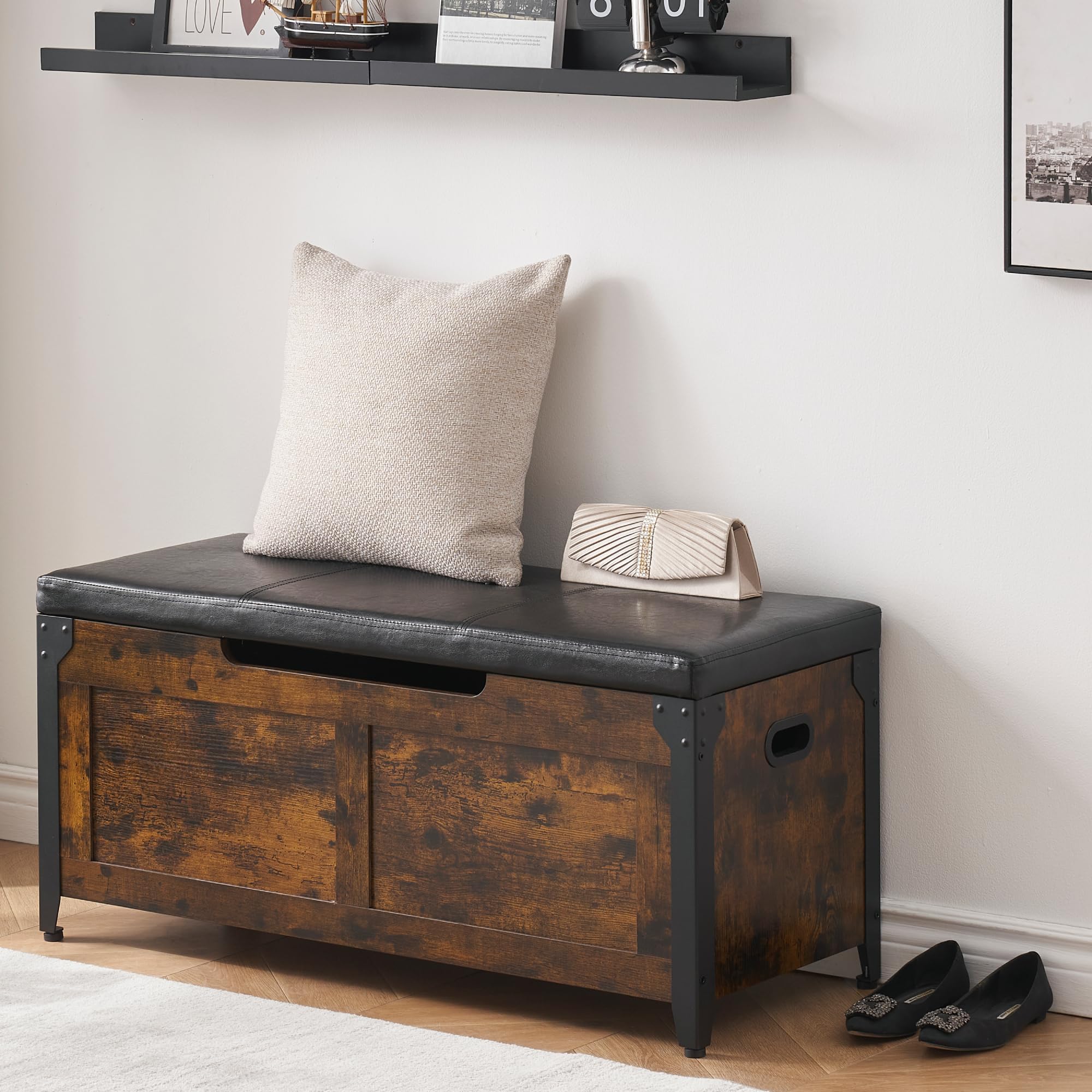 OPULENTHOME Sitzbank mit Stauraum, Truhe Mit Deckel, 100cm Lang Mit 2 Sicherheitsscharnieren,136KG Belastbar, Holz Sitztruhe Flur, Schlafzimmer, Wohnzimmer, Braun Küche, Haushalt & Wohnen