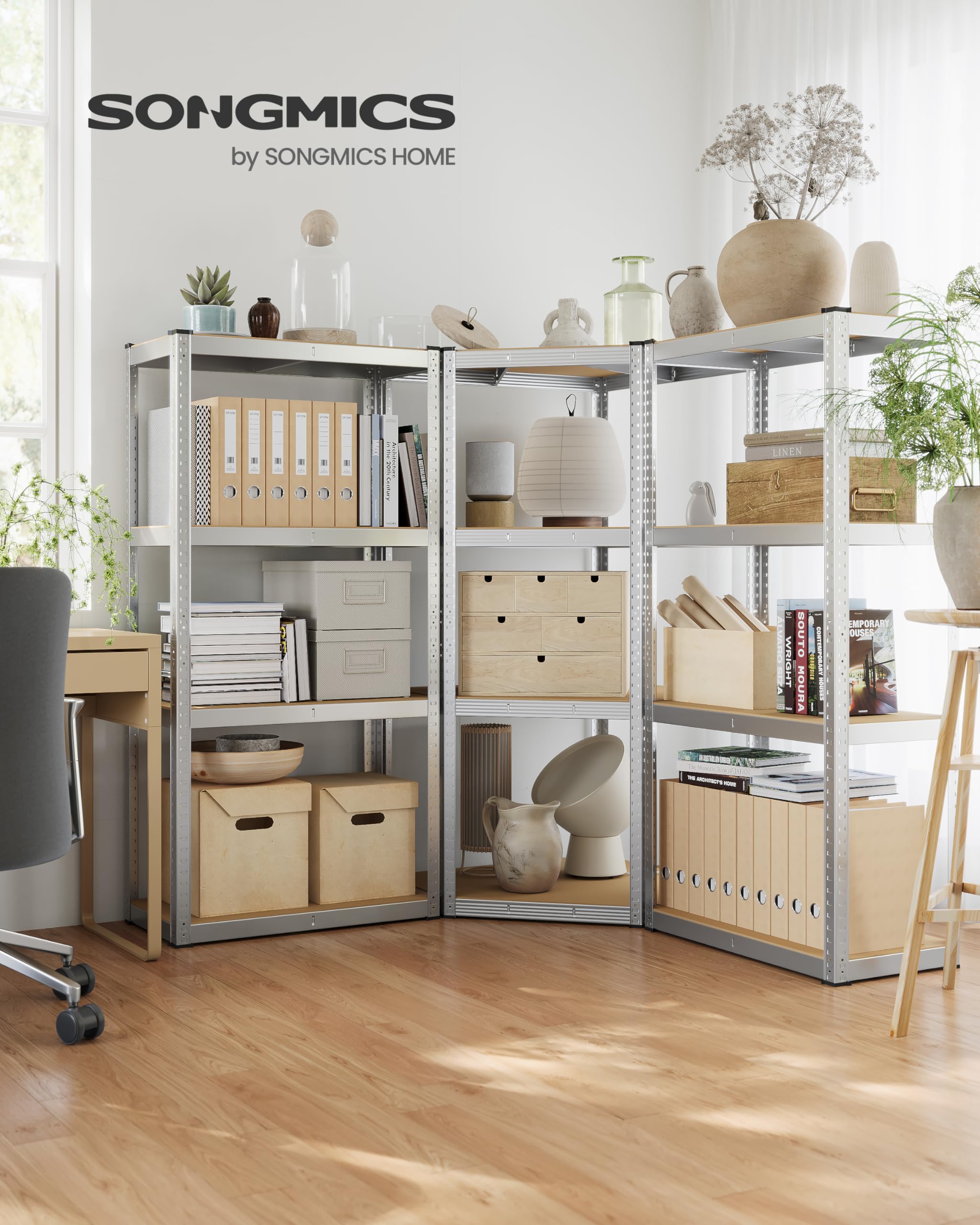 SONGMICS Set di Scaffale Angolare a 4 Ripiani, Scaffalatura ad Angolo in Acciaio per Carichi Pesanti, per Garage, Ripostiglio, Magazzino, Portante 1500 kg, Argento Pallido e Beige Naturale GLR056E03