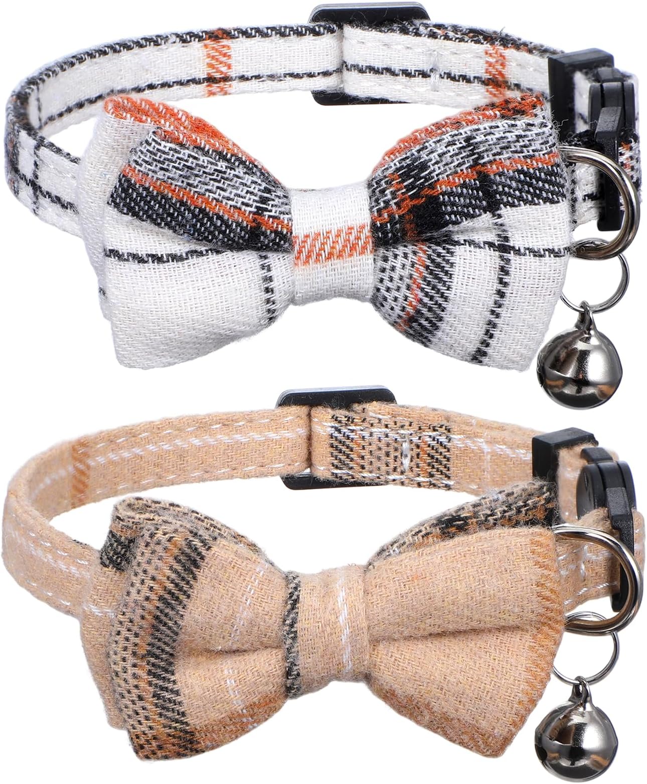 2PCS Breakaway Cat Collars, Bow Tie Cat Collar with Bells, Cute Bowtie Plaid Collars with Buckle, Soft Adjustable Kitten Accessories for Indoor Cats, Puppy and Small Pets