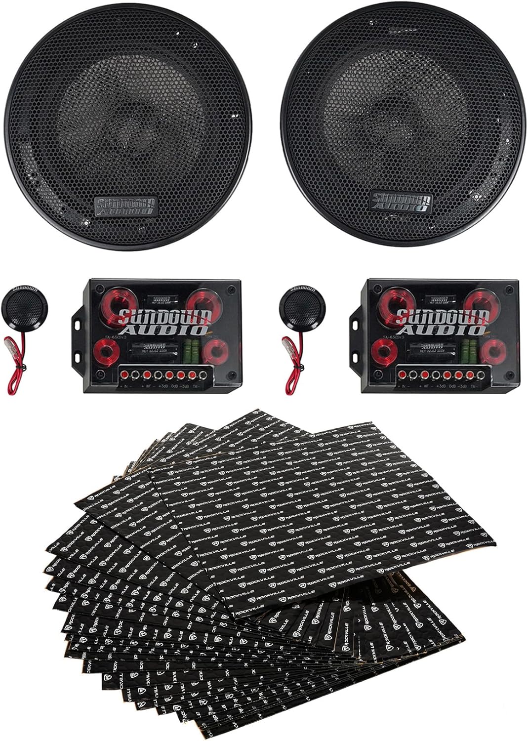 Sundown Audio SA-6.5CS v.3 Bundle: Pair 6.5 in 125-Watt Component Car Speakers with Tweeters, RockMat 50-25 50 Sq Ft 2.5MM Sound Deadener Kit, 3-Items
