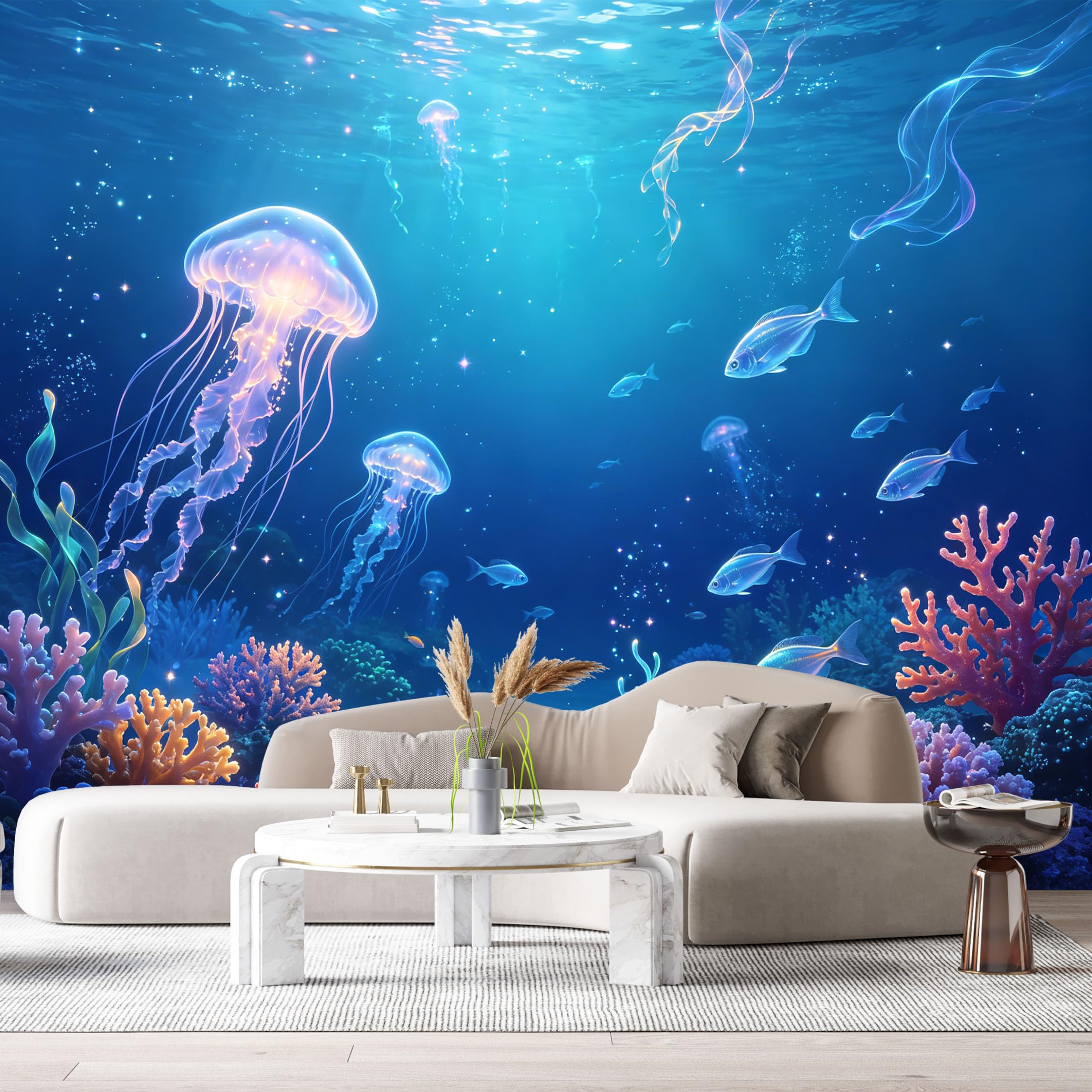 Custom Size Wall Murals Underwater Ocean Marine 3D Bioluminescent Jellyfish Vibrant Coral Reef SelfAdhesiveWall Fabric Removable Wallpaper Wall Decor for Living Room Bedroom Bathroom