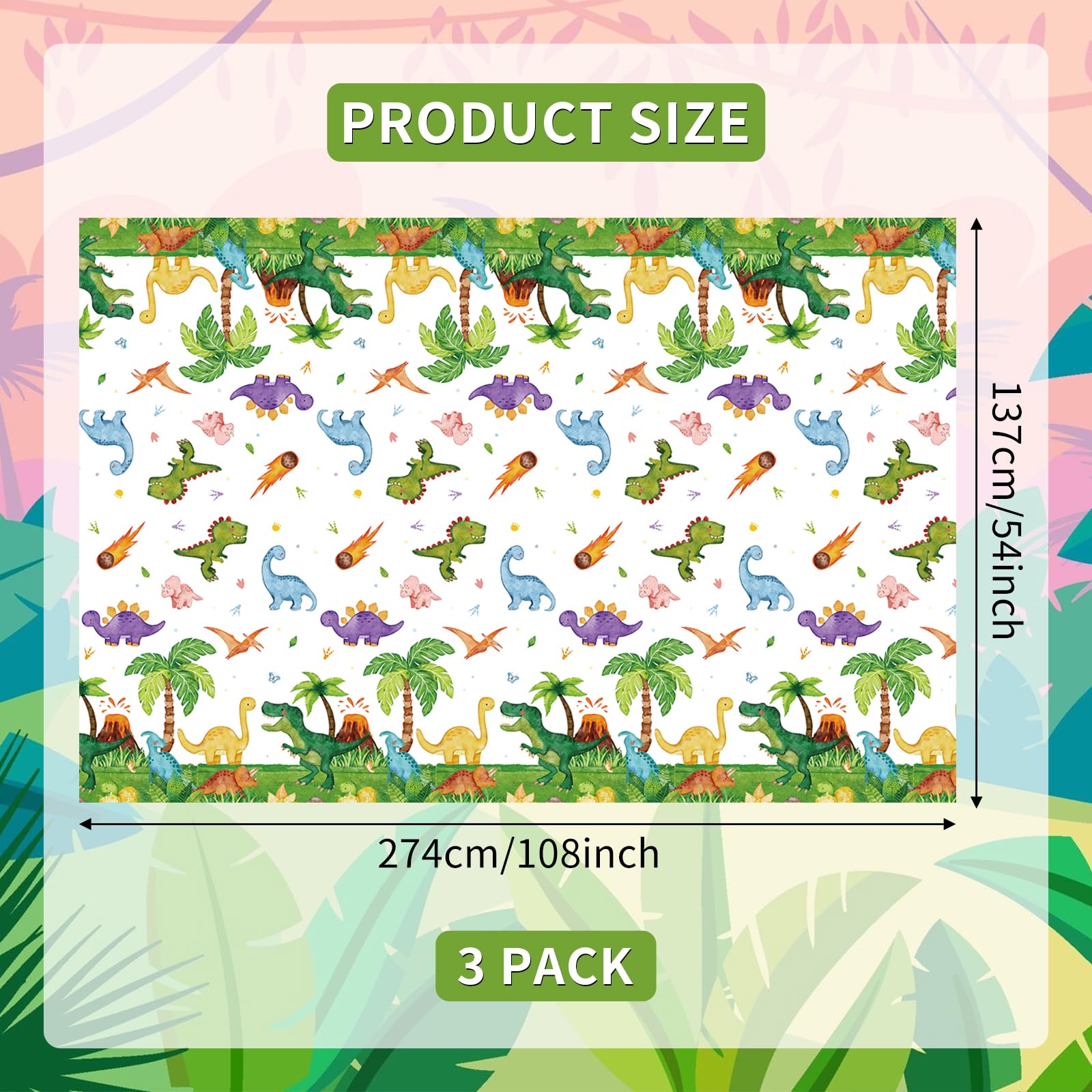 SpinLaLa 3-Piece 54 x 108 Inch Dinosaur Theme Plastic Tablecloth - Disposable Rectangle Table Cover for Dining, Picnic, Birthday, Baby Shower, Dino Party, Festive Themed Indoor Outdoor Decorations