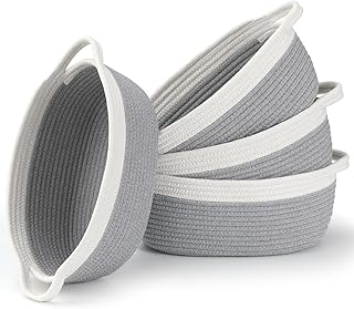 4 Pack Small Woven Basket with Handles, Cotton Rope Room Shelf Storage Basket, Cute Baby Gift Basket for Nursery, Bedroom - Cat Dog Toys Basket, Empty Decorative Gift Chest Box, All 12"x 8"x 5",Grey